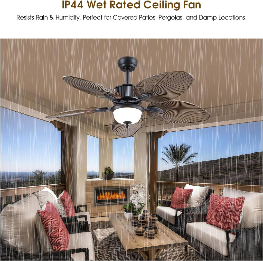 Wiviniya 50 Inch Tropical Ceiling Fans with Lights, Palm Leaf Waterproof Outdoor Ceiling Fan for Patios Porch, Remote/APP Control, Wet Rated, Glass Lampshade, Quiet DC Motor, Dimmable LED, Dark Brown