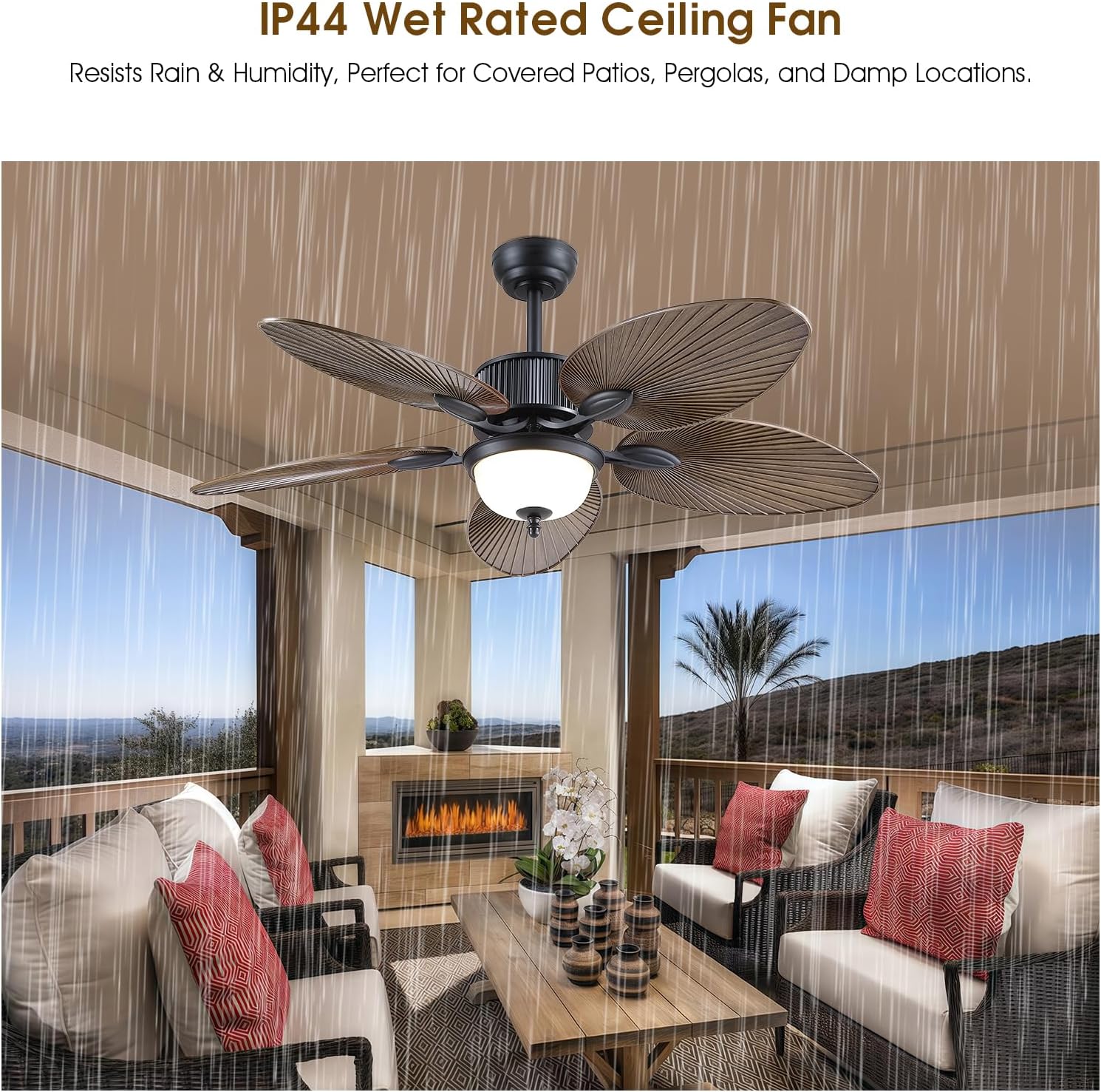 Wiviniya 50 Inch Tropical Ceiling Fans with Lights, Palm Leaf Waterproof Outdoor Ceiling Fan for Patios Porch, Remote/APP Control, Wet Rated, Glass Lampshade, Quiet DC Motor, Dimmable LED, Dark Brown