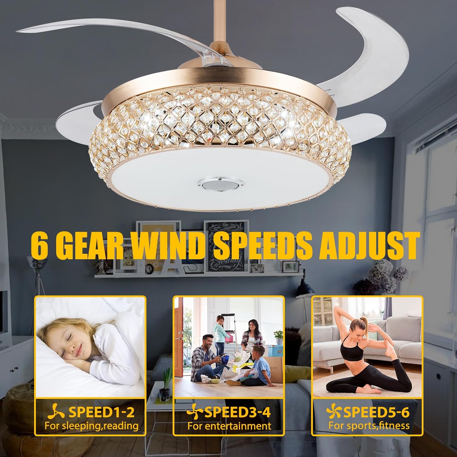WWahuayuan 42 Inch Retractable Invisible Ceiling Fan with Light and Bluetooth Speaker, Modern Bluetooth Fan Chandelier with Remote Control 3 Color Change 36W LED