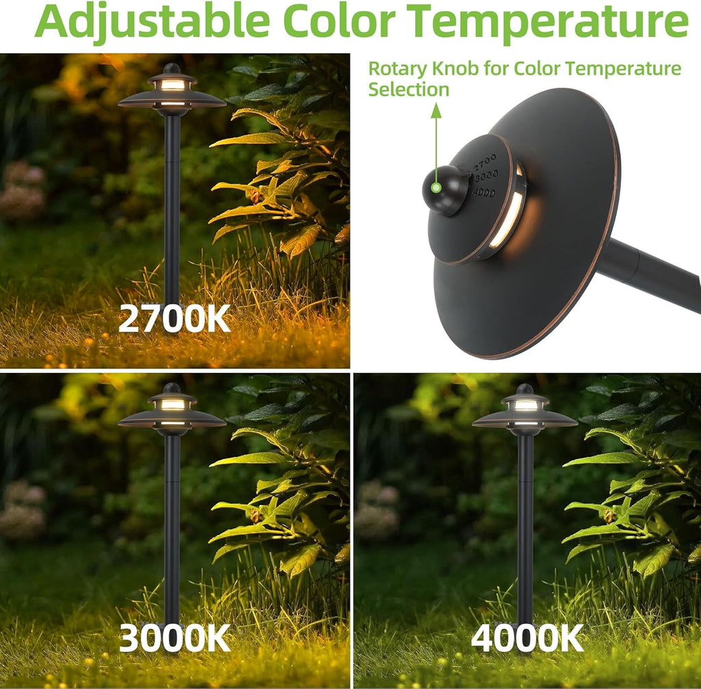 Low Voltage Landscape Pathway Lights, 3CCT Adjustable (2700K/3000K/4000K) 12V-15V LED Landscape Lighting, Oil Rubbed Bronze Aluminum Housing, Waterproof Outdoor Path Lights for Yard, Garden, 6 Pack