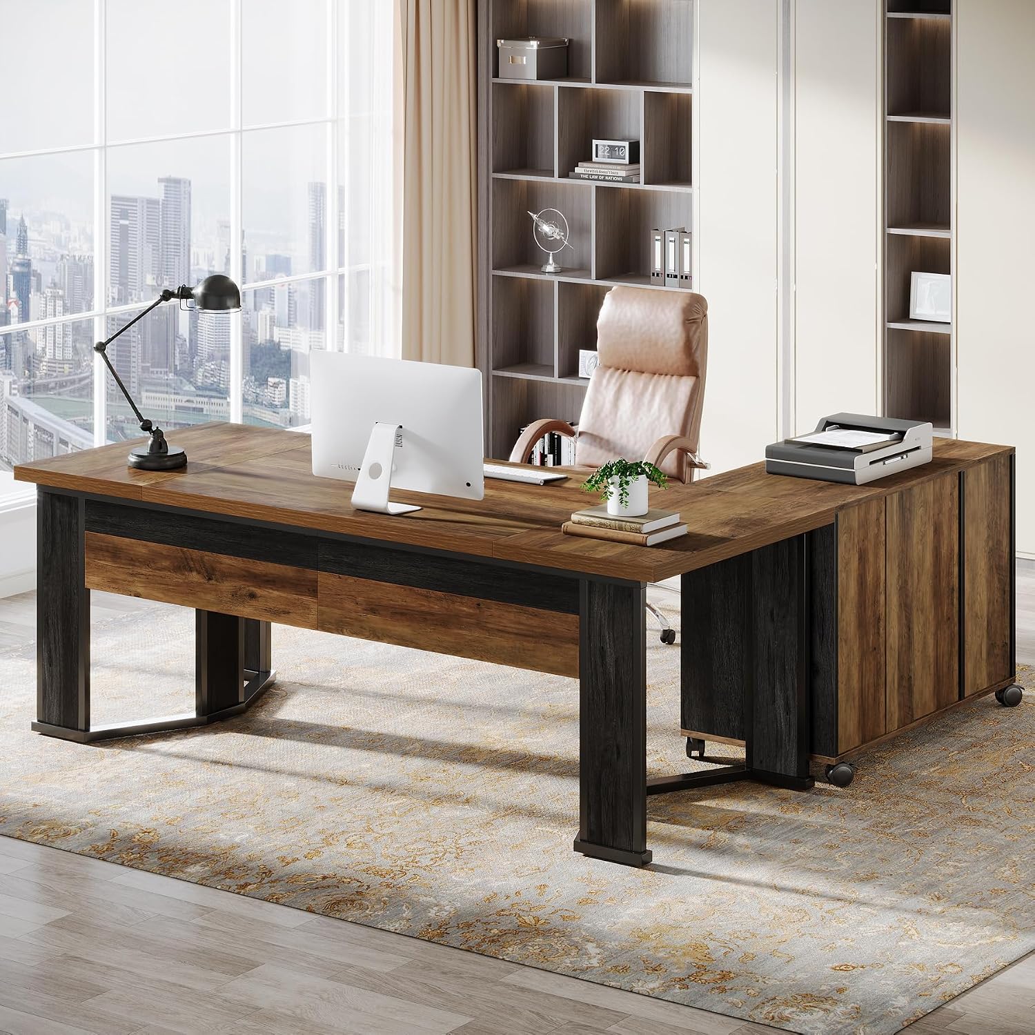 Tribesigns 70.86' Executive Desk with Mobile File Cabinet, Large L Shaped Computer Office Desk with 2 Drawers and Storage Shelves, Business Furniture Desk Workstation for Home Office (Rustic Brown)