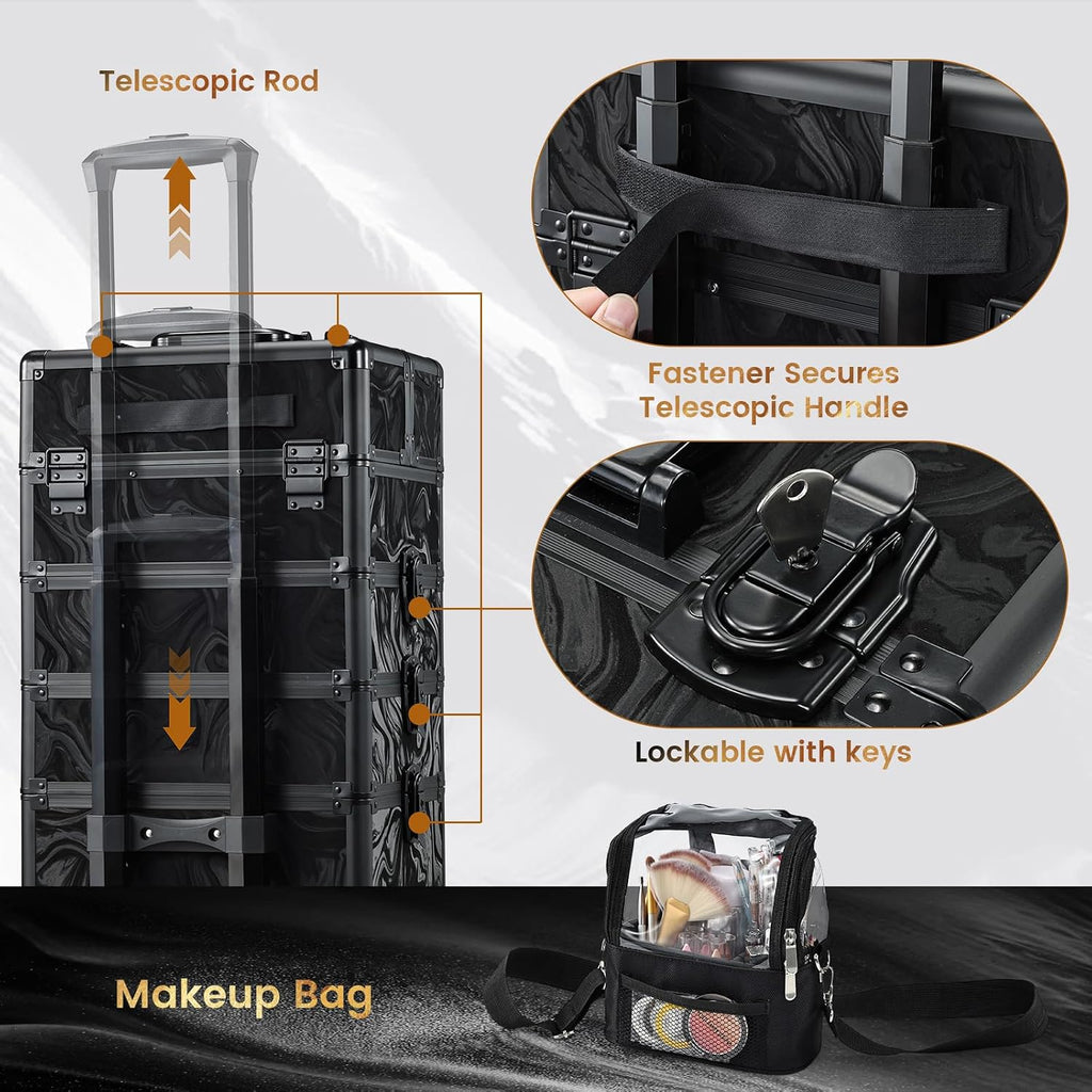 Stagiant Rolling Makeup Case 4 in 1 Cosmetology Case on Wheels Makeup Travel Case with Cosmetic Bag Key Swivel Wheels Salon Barber Case Traveling Cart Trunk Cosmetic Trolley Alpine Black