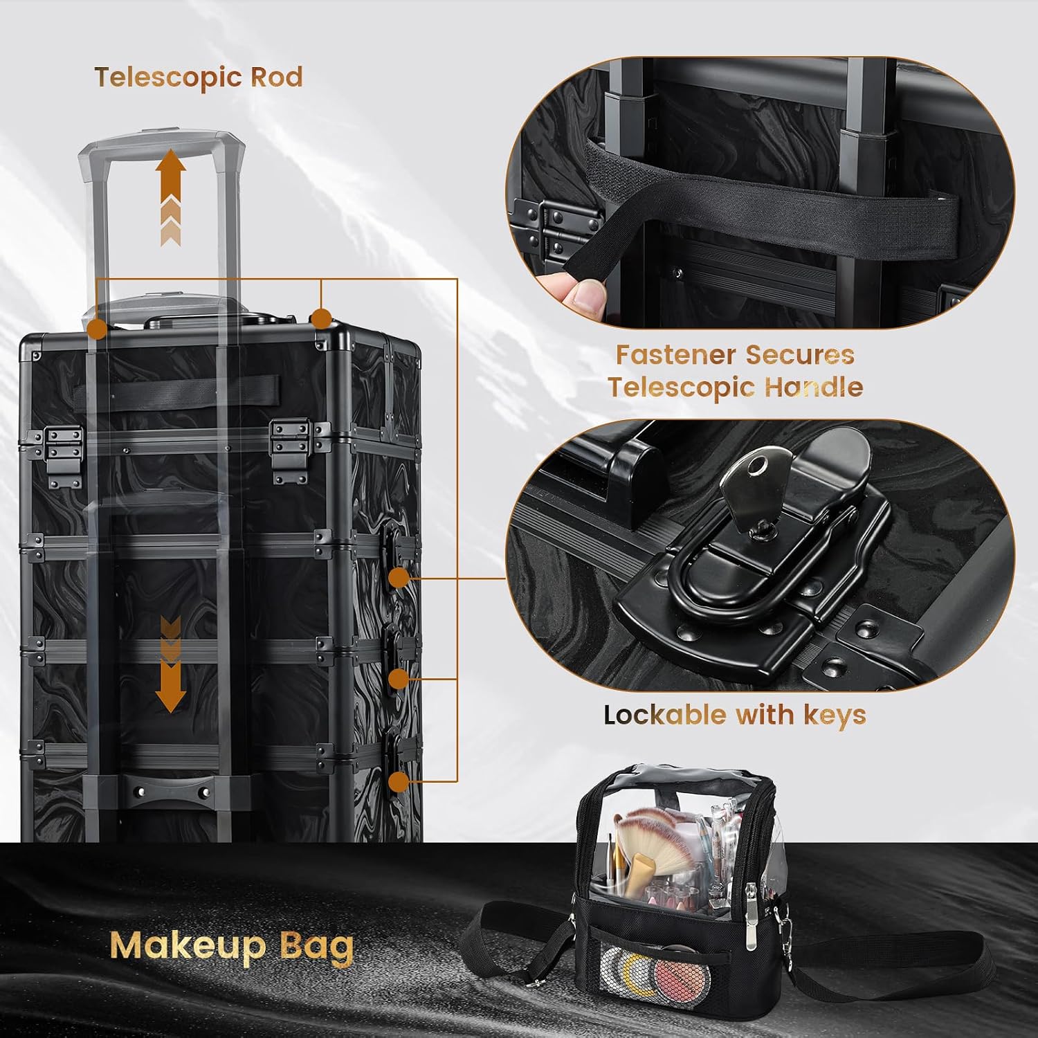 Stagiant Rolling Makeup Case 4 in 1 Cosmetology Case on Wheels Makeup Travel Case with Cosmetic Bag Key Swivel Wheels Salon Barber Case Traveling Cart Trunk Cosmetic Trolley Alpine Black