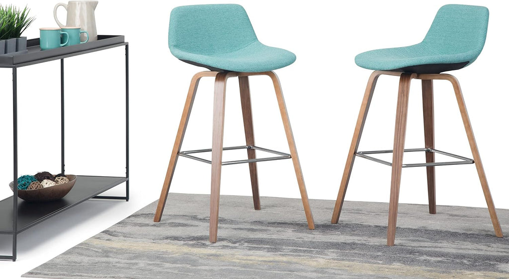 SIMPLIHOME Randolph Counter Stools (Set of 2) - 28 Inch Seat Height Upholstered Bentwood Bar Stools in Aqua Blue Linen Look Fabric, Mid Century Modern Seating with Curved Backrest and Footrest
