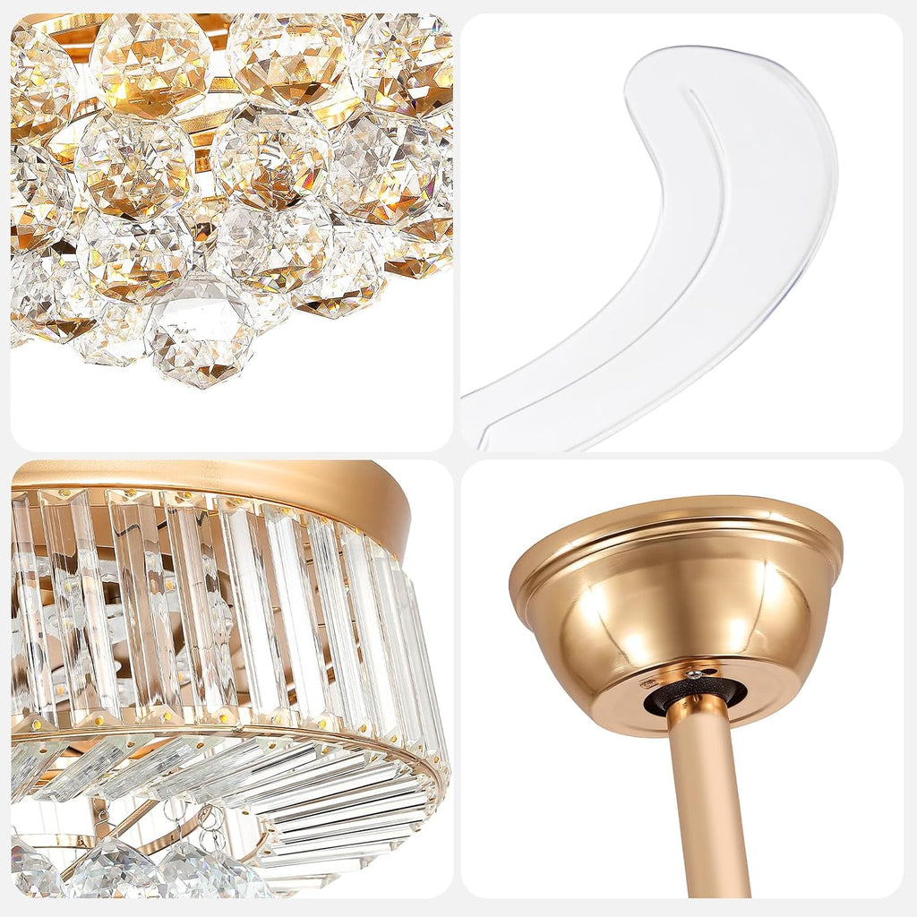 42 Inch Fandelier Ceiling Fans with Light - Retractable Crystal Ceiling Fan and Remote/APP Control, Noiseless DC Motor, RGB Dimmable Lights, Chandelier Ceiling Fan for Bedroom/Living Room Etc