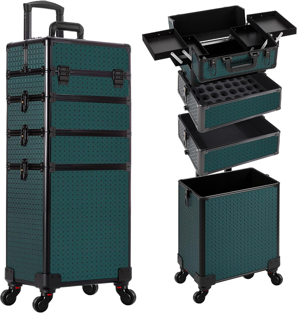AROUS Rolling Makeup Train Case 4 in 1 Cosmetology Case on Wheels Large Storage Cosmetic Trolley with Key Salon Barber Traveling Cart Trunk, Green