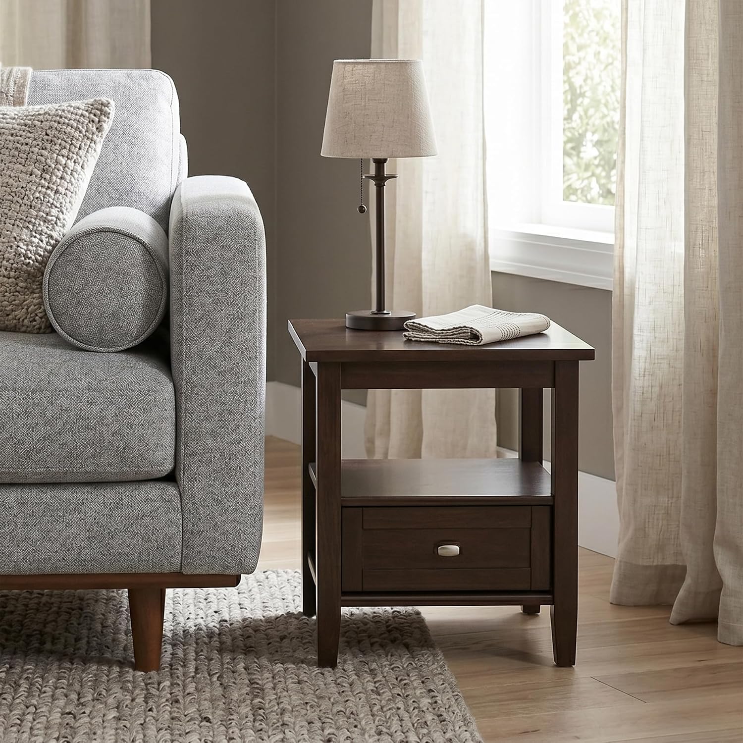 SIMPLIHOME Warm Shaker End Table - 20' Wide x 20' High Solid Wood Side Table in Tobacco Brown, Transitional Accent Table for Living Room or Bedroom with Drawer, Open Shelf and Square Tapered Legs