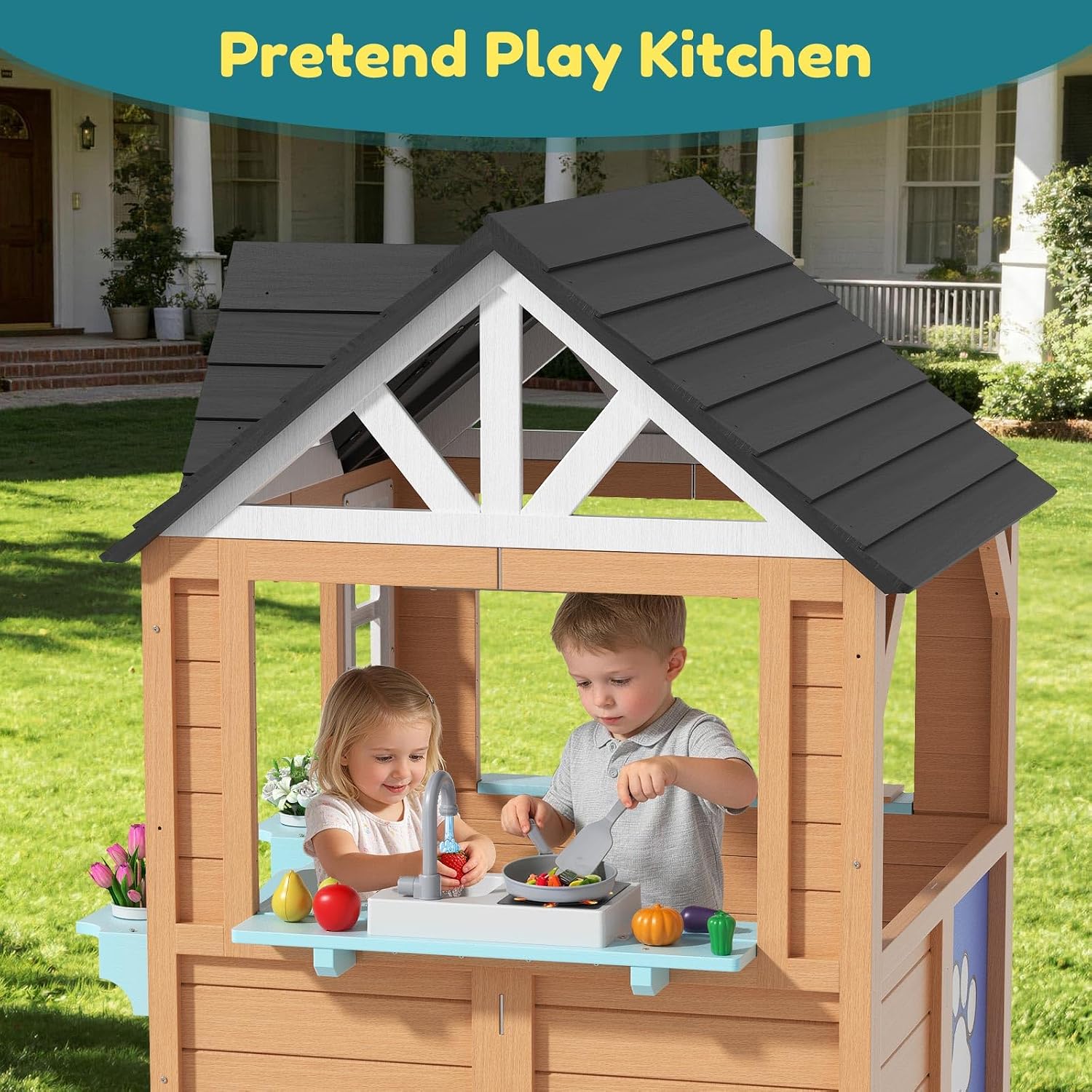 BIERUM Outdoor Playhouse for Kids - Wooden Kid Play House with Play Kitchen, Birdhouse, Flowerpot Holders and Mud Molds, Premium Wood Kids Cottage for Ages 3-8, Backyard Pretend Play, Blue & Brown