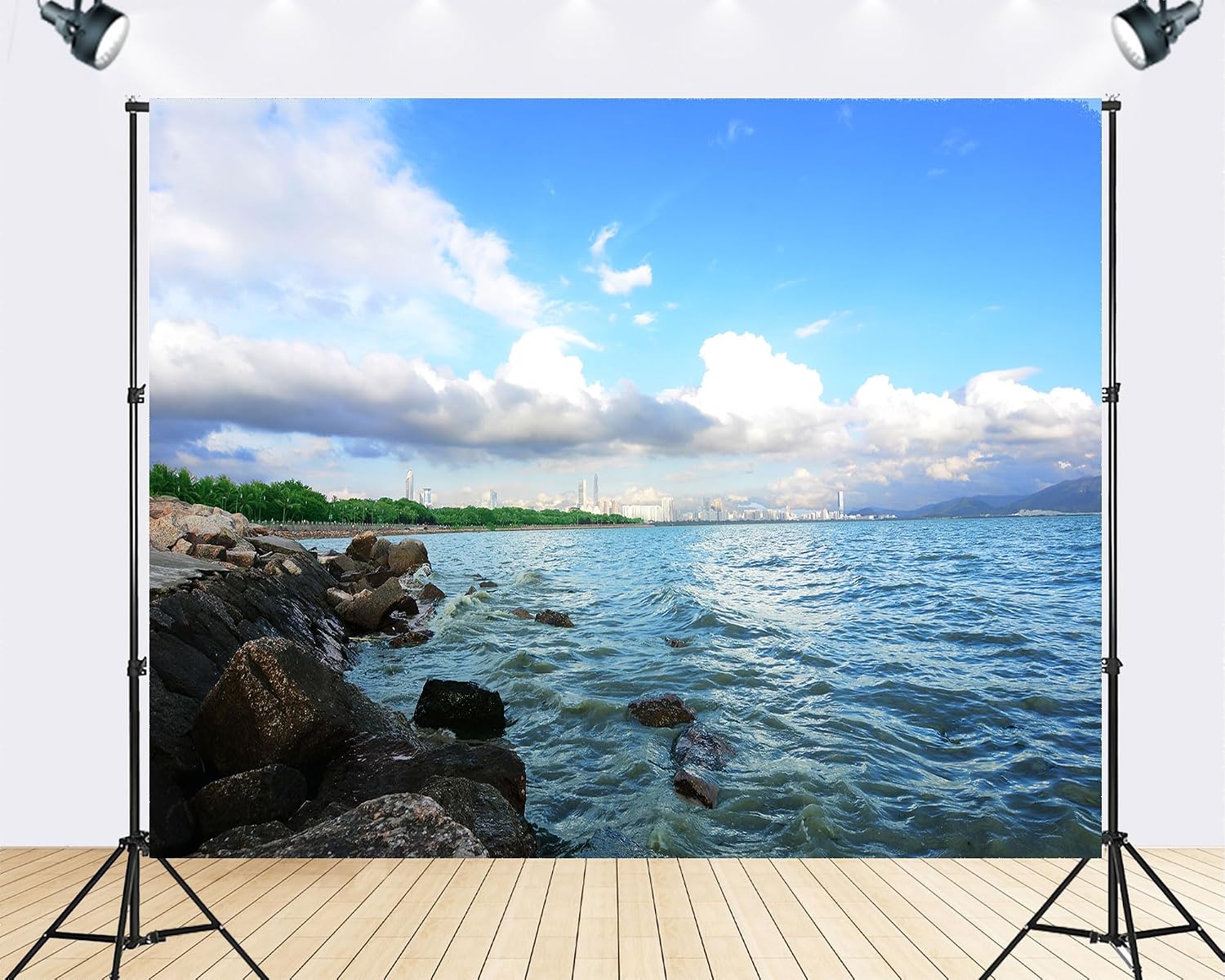 Trykid 20x10ft Tranquil Blue Coastal City Skyline Backdrop Scenic Sea View Rocky Shore Clear Blue Sky Photography Background City Themed Party Decoration Photo Booth Prop Fabric