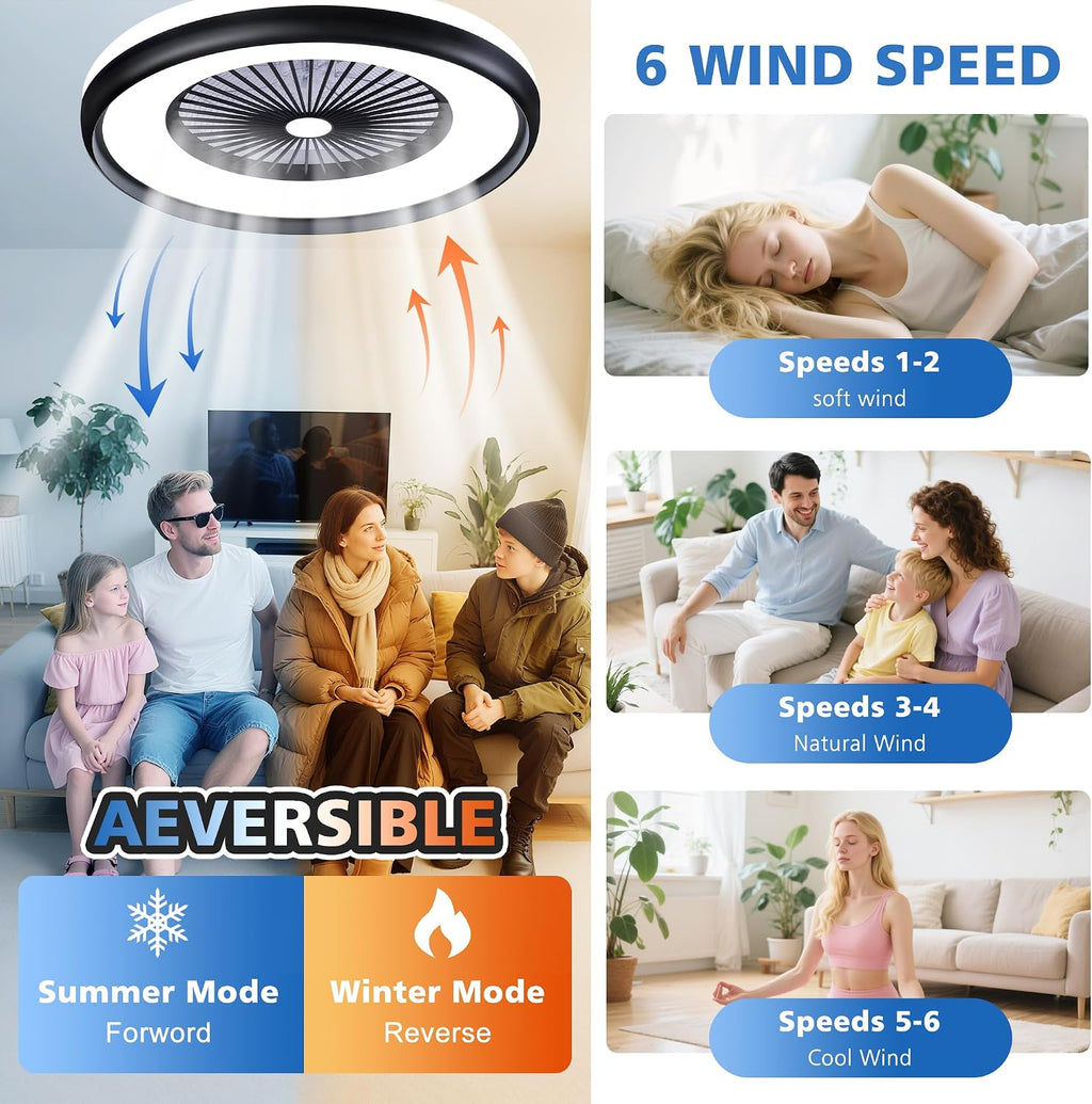 24' Bladeless Ceiling Fan with Light Remote, Low Profile Ceiling Fans with App Control, Smart Modern Ceiling Fans with Lights, 3 Dimmable LED Light for Bedroom, Living Room Back