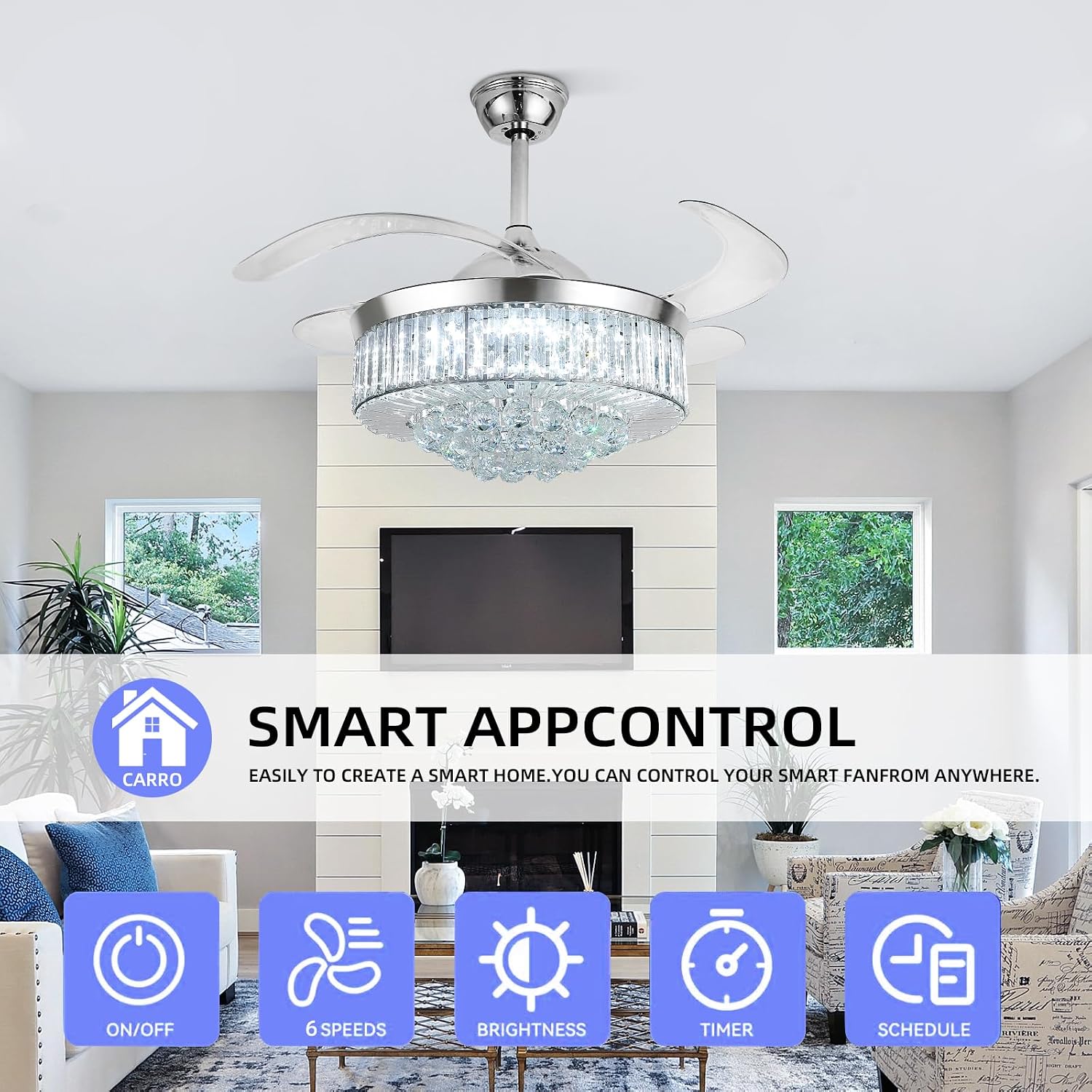 42' Smart Retractable Crystal Ceiling Fan with Light: Alexa/Google Home & Remote, Bluetooth Speaker, Dimmable RGB Light, 6-Speed Reversible Fandelier Chandelier Fan for Bedroom,Dining/Living Room