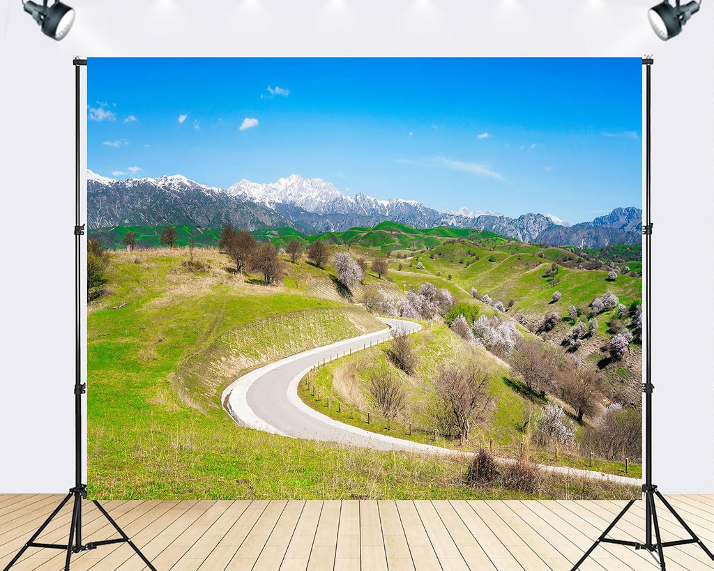 Trykid 20x10ft Winding Mountain Road Backdrop Green Rolling Hills Snow Capped Peaks Clear Blue Sky Wispy Clouds Photography Background Road Trip Party Decoration Photo Booth Prop Fabric