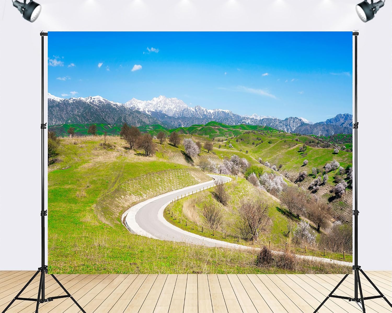 Trykid 20x10ft Winding Mountain Road Backdrop Green Rolling Hills Snow Capped Peaks Clear Blue Sky Wispy Clouds Photography Background Road Trip Party Decoration Photo Booth Prop Fabric