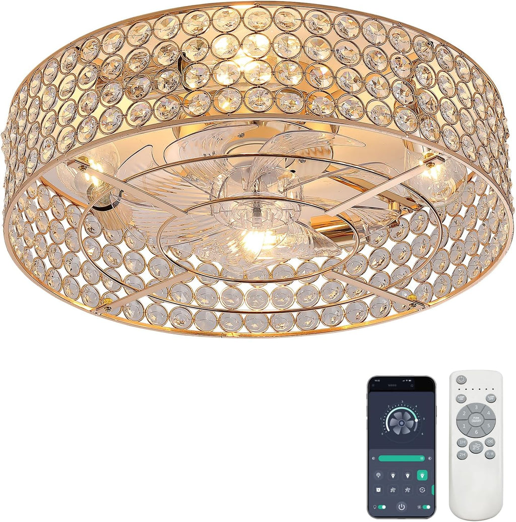 20 Inch Gold Crystal Fandelier Ceiling Fans with Lights, Ceiling Fans with Lights Remote Control, Mid Century French Caged Fandelier with 6 Speeds for Bedroom, Living Room