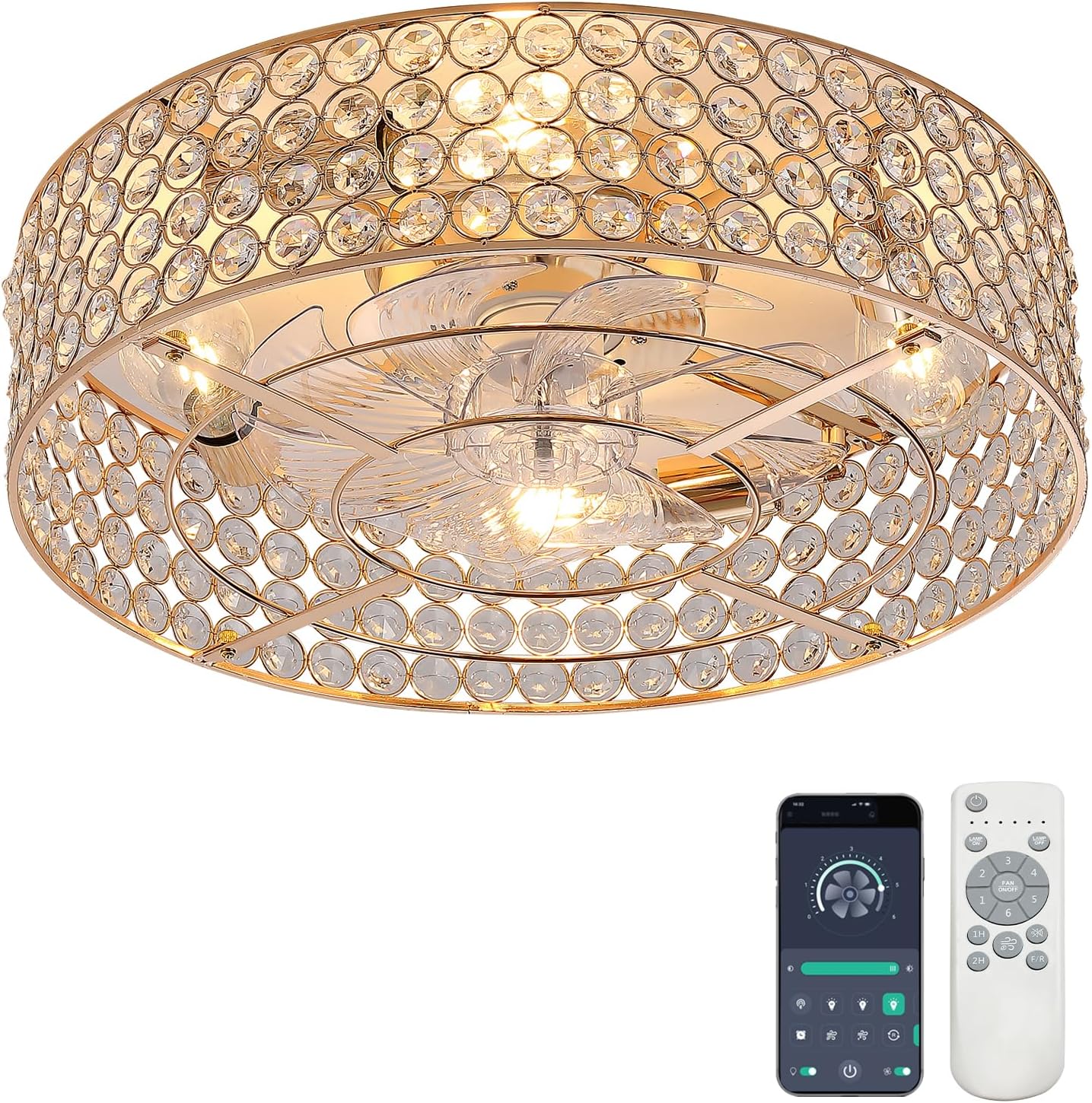 20 Inch Gold Crystal Fandelier Ceiling Fans with Lights, Ceiling Fans with Lights Remote Control, Mid Century French Caged Fandelier with 6 Speeds for Bedroom, Living Room