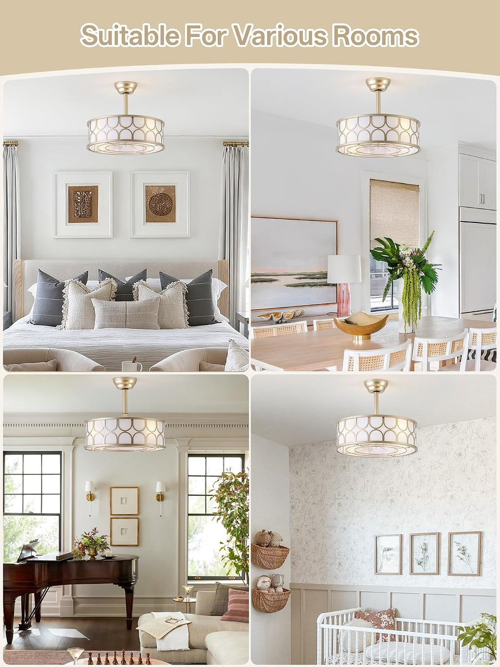 20' Gold Boho Fandelier Ceiling Fans with Lights, Caged Bladeless Ceiling Fan with Light Remote Control. Chandelier with 6 Speeds for Bedroom, Nursery, Living room.