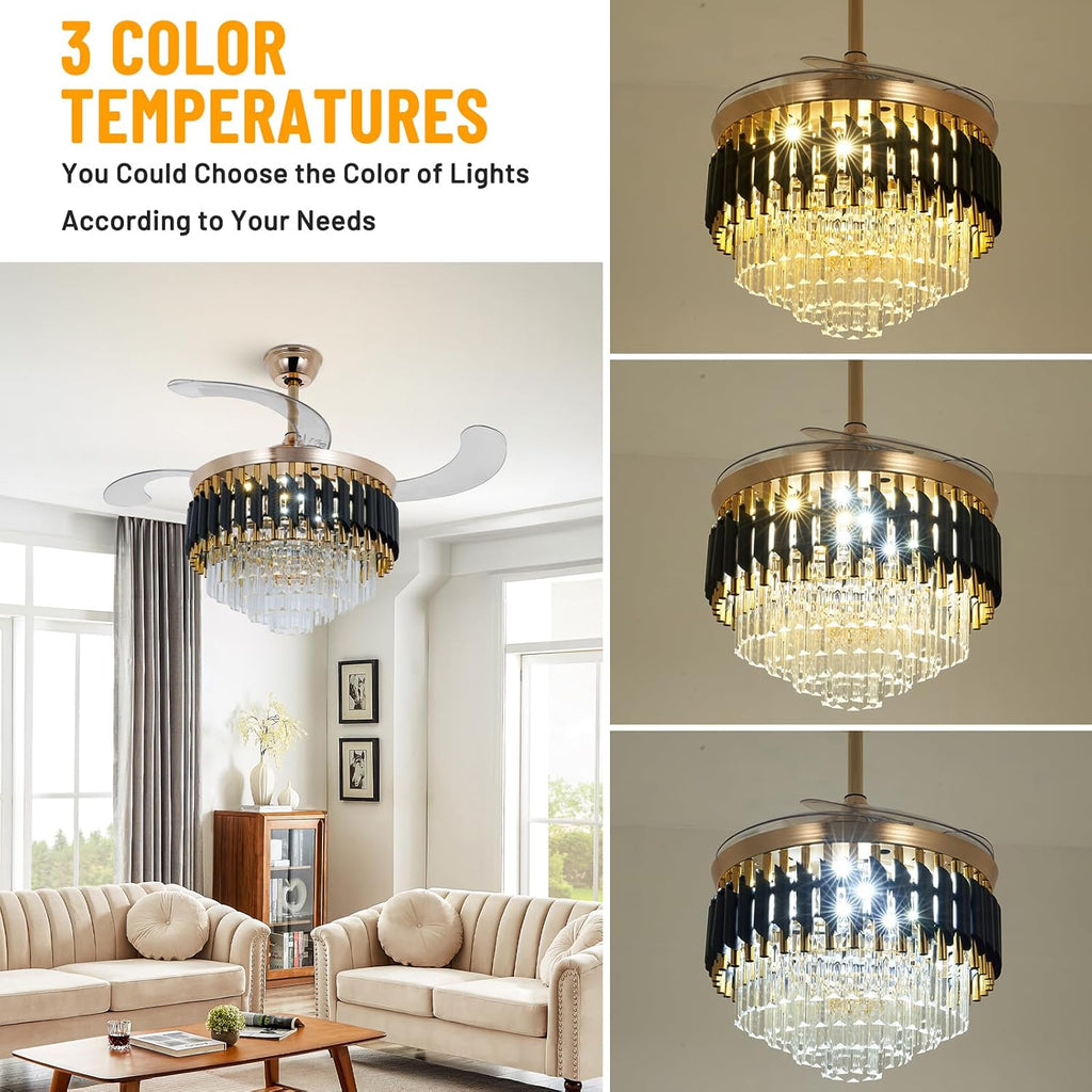 42' Crystal Chandelier Ceiling Fan and Remote, Gold Luxury Chandelier and Fan With 3 Colors 3 Speeds, Retractable Fandelier Ceiling Fan LED Light For Dinning Room Bedroom