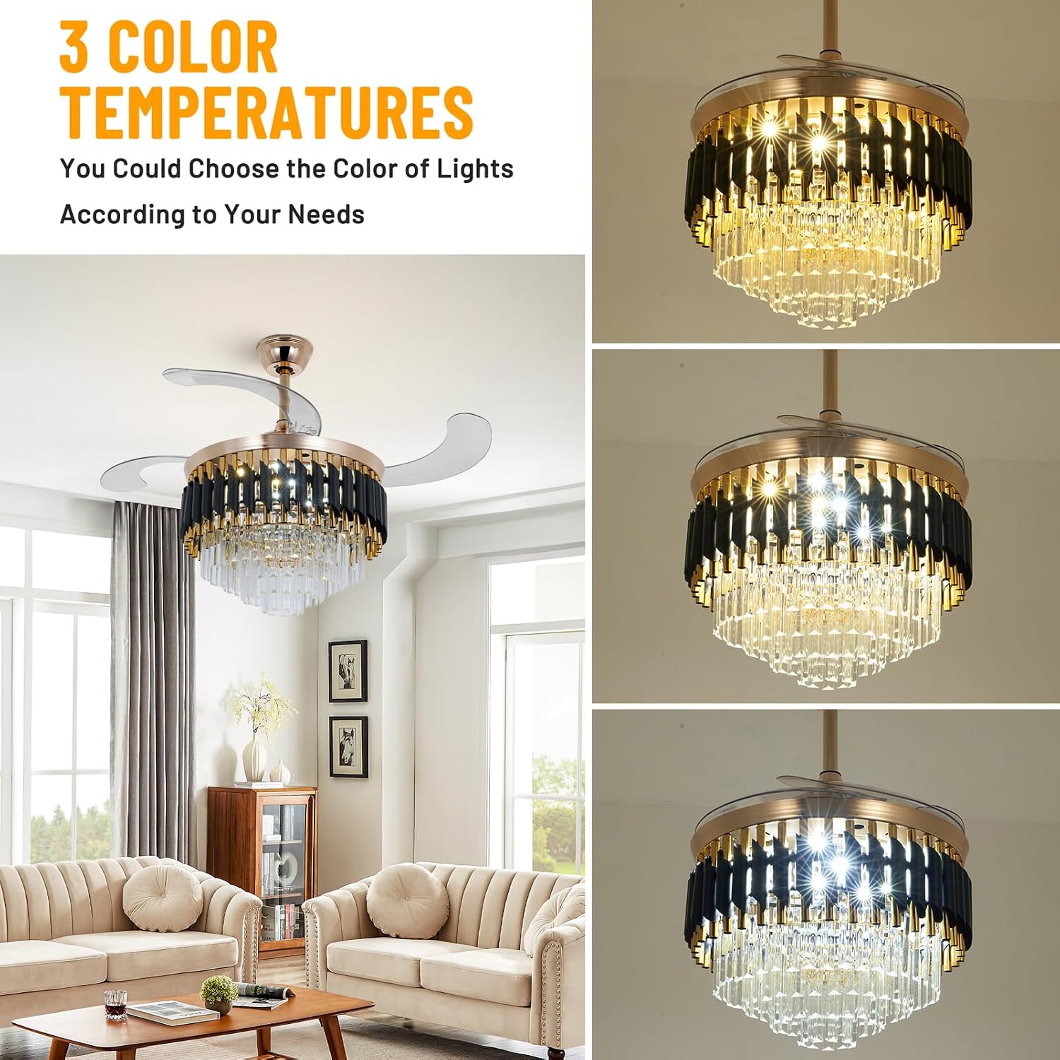 42' Crystal Chandelier Ceiling Fan and Remote, Gold Luxury Chandelier and Fan With 3 Colors 3 Speeds, Retractable Fandelier Ceiling Fan LED Light For Dinning Room Bedroom