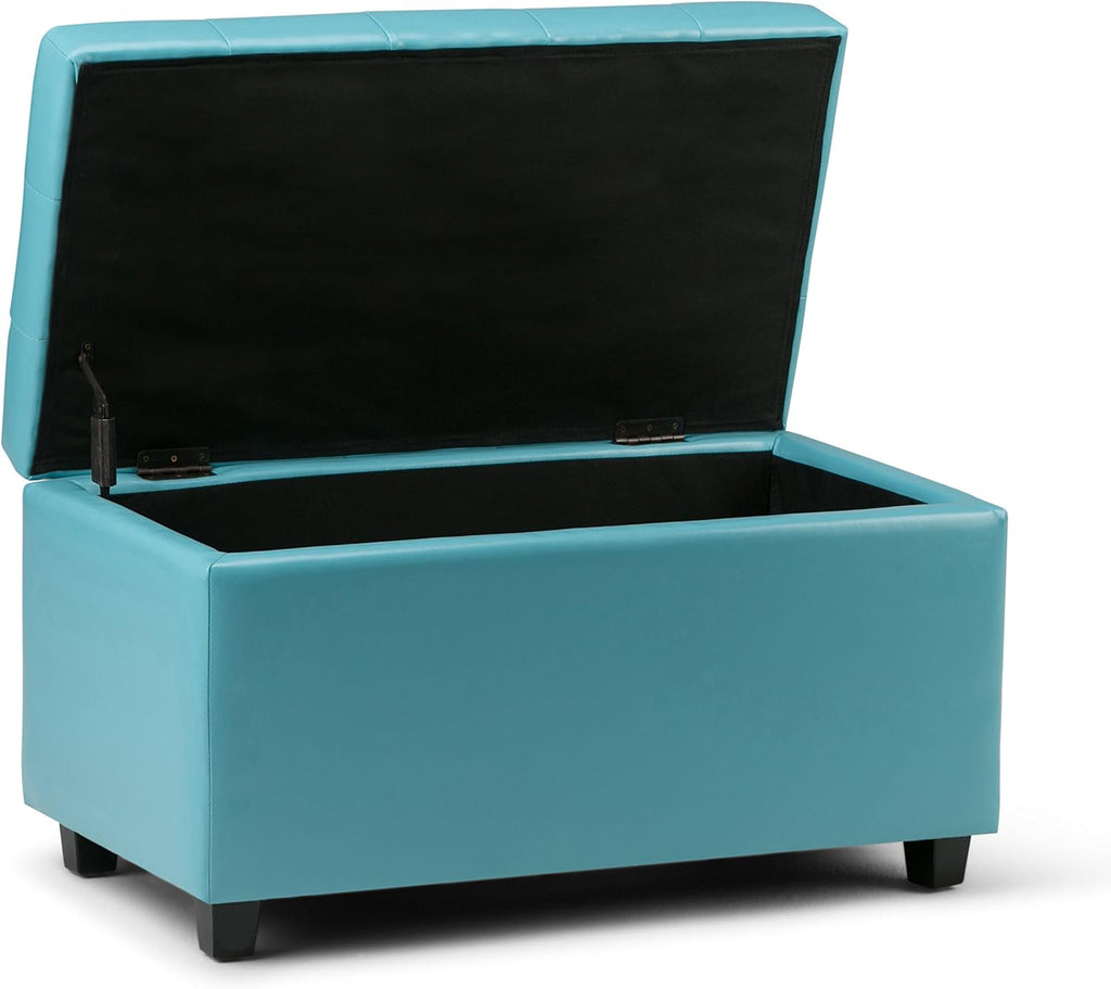 SIMPLIHOME Cosmopolitan Storage Ottoman - 34 inch Wide Upholstered Vegan Leather Rectangle Storage Ottoman Bench in Soft Blue, Transitional Tufted Ottoman for Living Room or Entryway with Lift-Up Lid