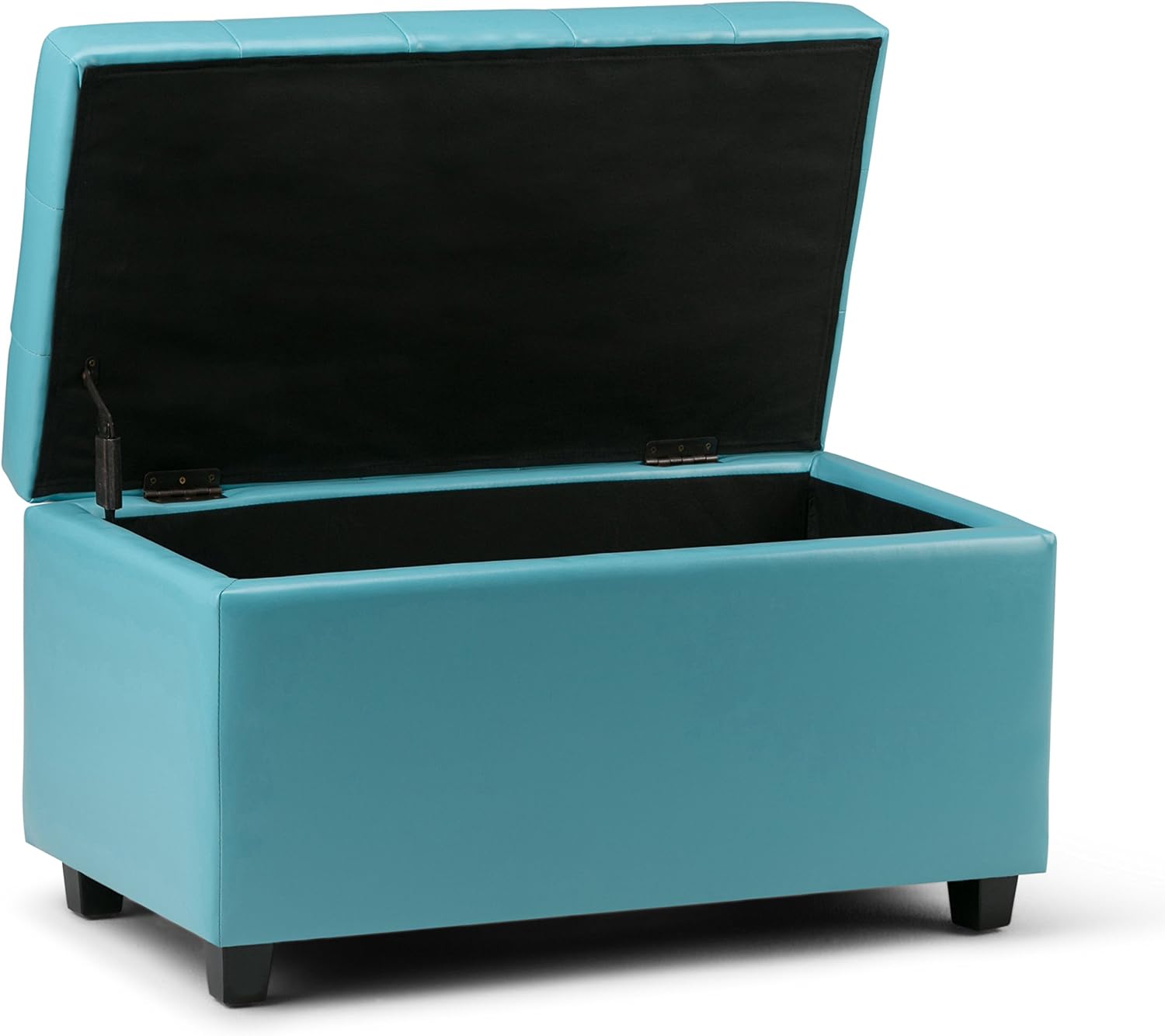 SIMPLIHOME Cosmopolitan Storage Ottoman - 34 inch Wide Upholstered Vegan Leather Rectangle Storage Ottoman Bench in Soft Blue, Transitional Tufted Ottoman for Living Room or Entryway with Lift-Up Lid