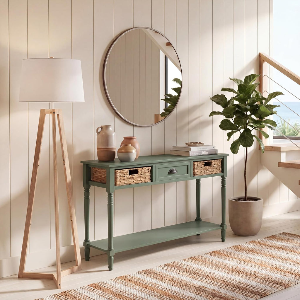 SAFAVIEH Home Collection - Christa Entryway Console Table, Dusty Green Solid Wood 3-Drawer Storage Sofa Table with Rattan Baskets (AMH5737J)