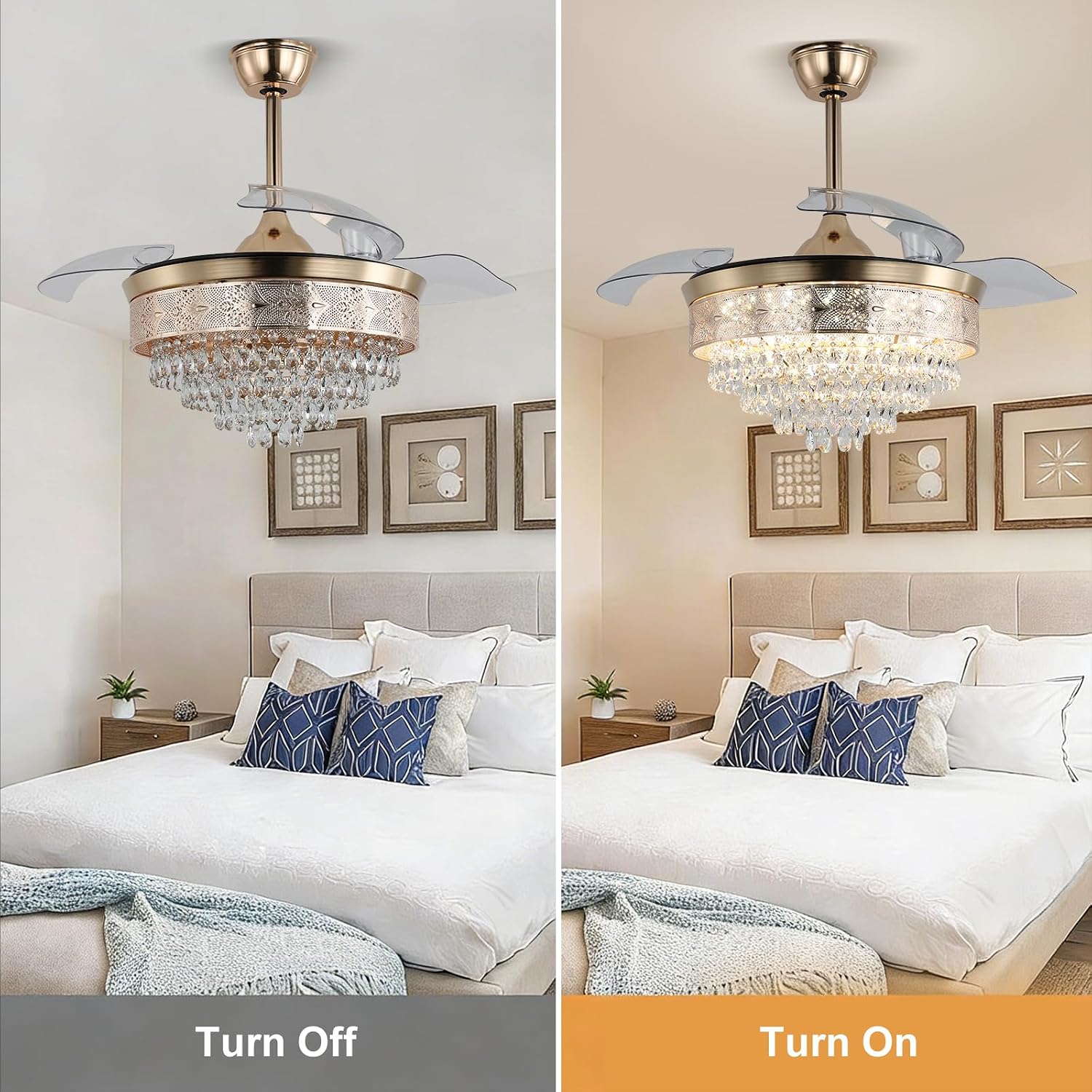 42' Gold Crystal Fandelier Ceiling Fan with Lights, Retractable Blades, Remote Dimmable LED, 3 CCT Color Temp, Memory, Reversible DC Motor, 6 Speed, Timer, Indoor Bedroom Living Room