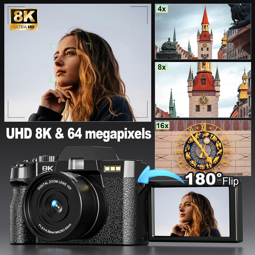 8K Digital Cameras for Photography, 64MP Vlogging Camera with 180°Flip Screen，2 Batteries, 64GB TF Card，16X Zoom, WiFi, 3 Color Filters,Microphone, Tripod, Wide & Macro Lens Kit (Black)