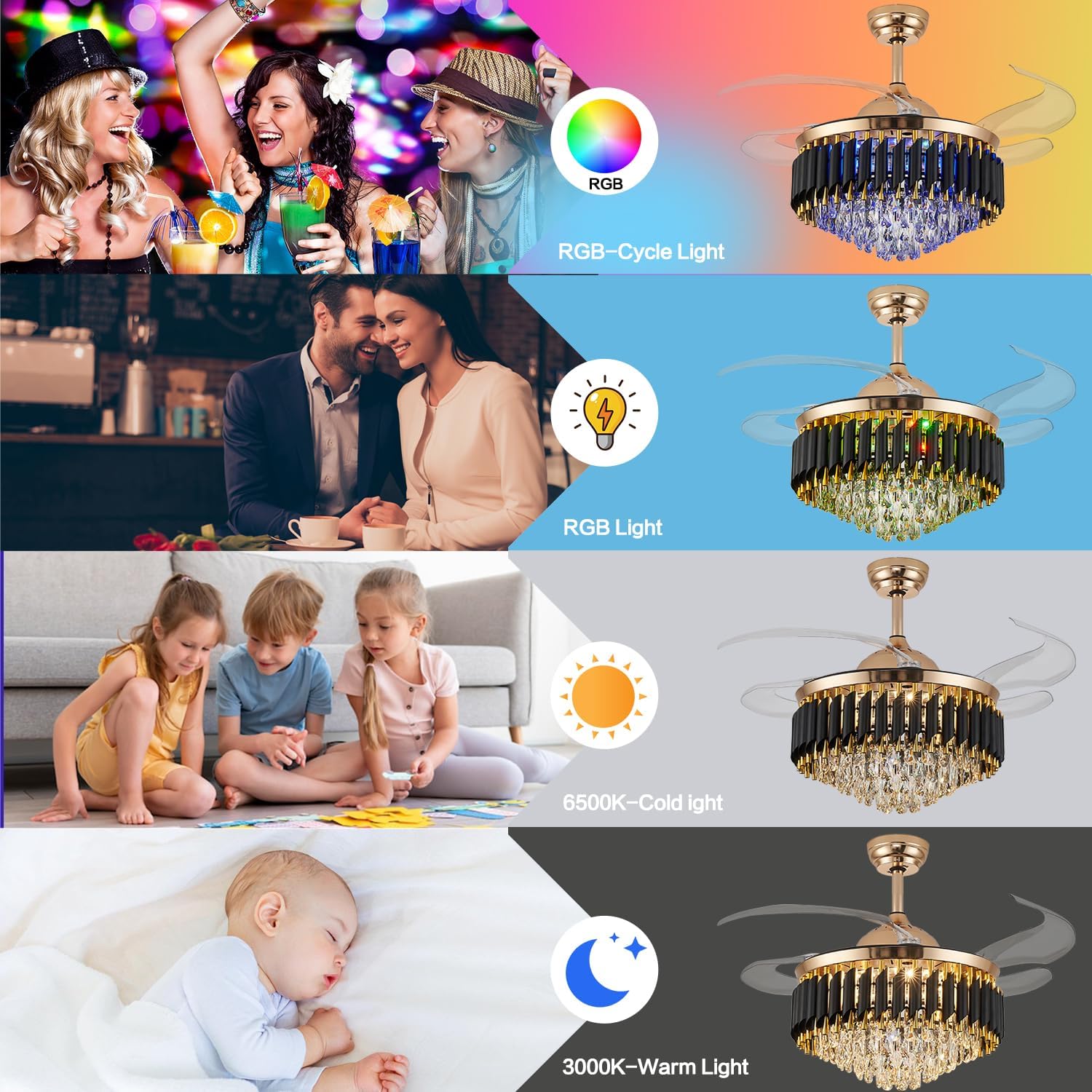 36' Bluetooth Ceiling Fan with Speaker, RGB-LED Dimmable Light 6 Speeds Reversible Blades Modern Fandelier Chandelier with Remote APP Control Memory Timer Function for Bedroom Gold
