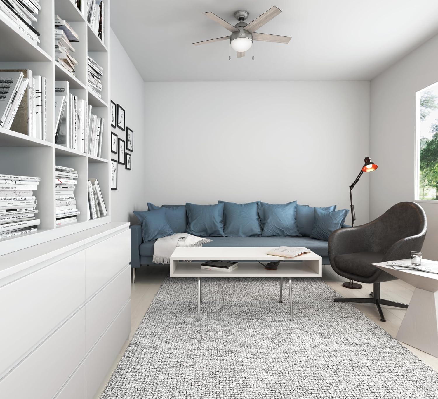 Hunter 46 inch Indoor Ceiling Fan with LED Light - Ceiling Fan with Pull Chain, For Bedroom, Living Room, or Kitchen, Standard Mount, No Remote, 5 Blades - Anslee 59267, Matte Silver