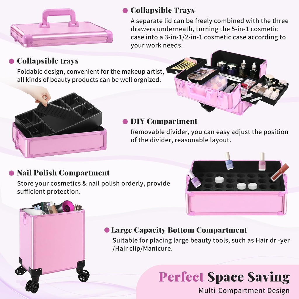 Professional Rolling Makeup Train Case with Lid, 5 in 1 Cosmetology Case on Wheels, Large Cosmetic Trolley Organizer Travel for Hairstylist Artist Nail Beauty Salon Barber, Pink