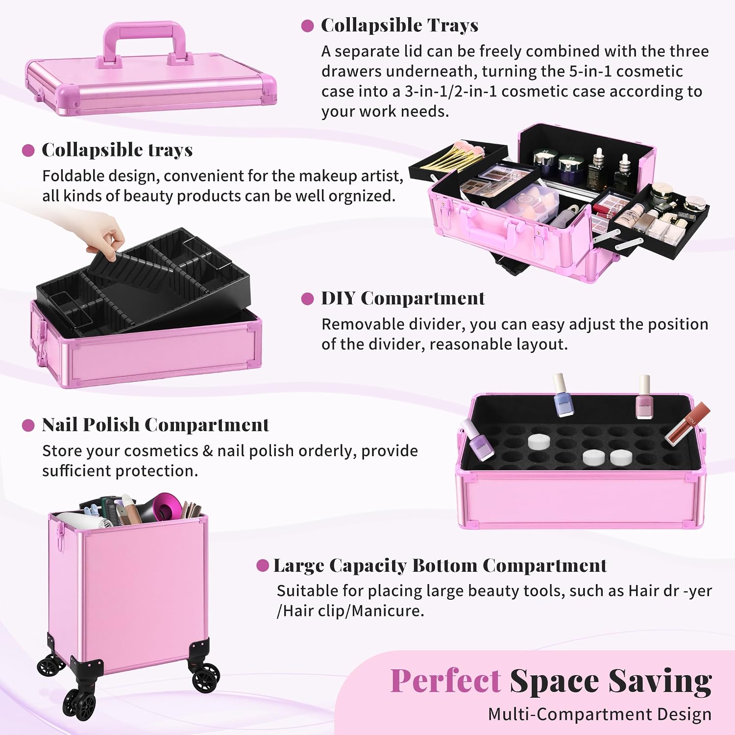 Professional Rolling Makeup Train Case with Lid, 5 in 1 Cosmetology Case on Wheels, Large Cosmetic Trolley Organizer Travel for Hairstylist Artist Nail Beauty Salon Barber, Pink