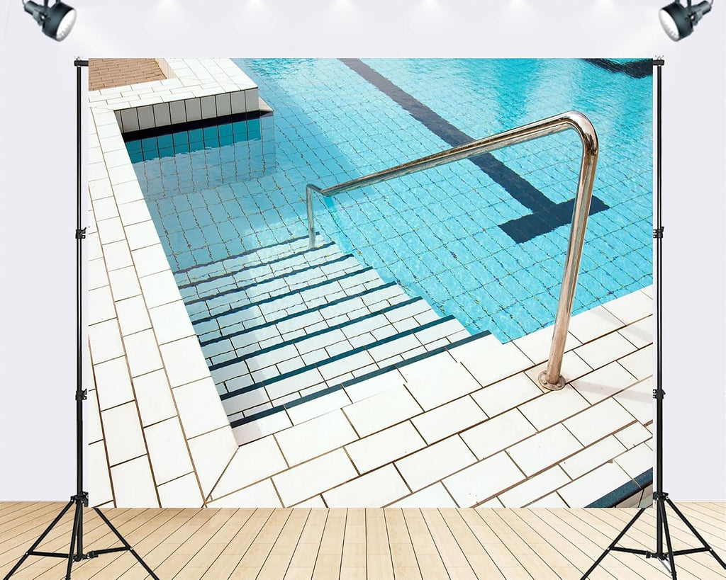 Trykid 20x10ft Pool Steps Backdrop Tiles Handrail Clear Blue Water White Tiles Shiny Handrail Swimming Pool Photography Background Resort Event Decor Party Decoration Photo Booth Prop Fabric