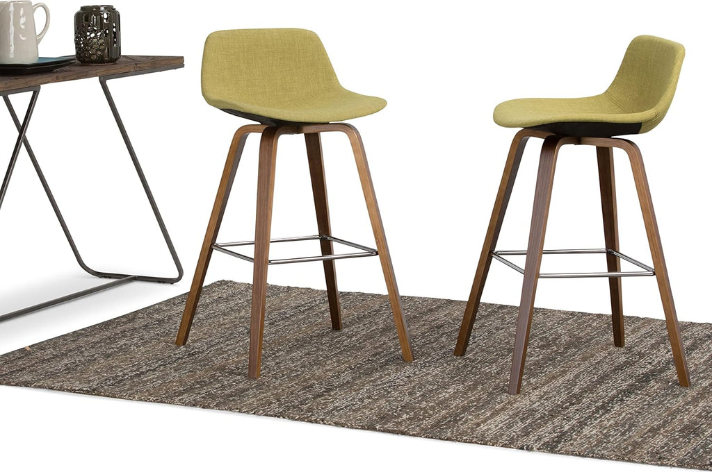 SIMPLIHOME Randolph Counter Stools (Set of 2) - 28 Inch Seat Height Upholstered Bentwood Bar Stools in Acid Green Linen Look Fabric, Mid Century Modern Seating with Curved Backrest and Footrest