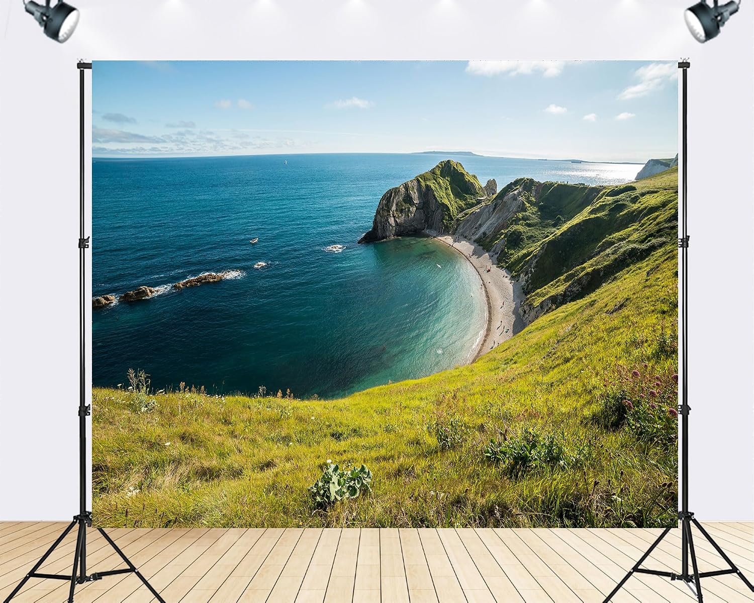 Trykid 20x10ft Jurassic Coast Cliff Backdrop Turquoise Ocean Beach Green Grassy Hills Clear Sky Photography Background UK Travel Party Decoration Photo Booth Prop Fabric