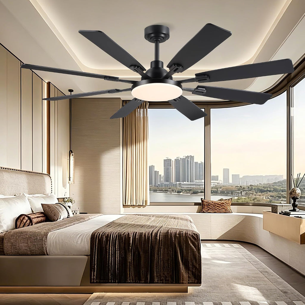 JSAITEE 60In Ceiling Fans with Lights - Black Low Profile Fan Light with 8 Blades, 6 Wind Speeds Reversible, Dimmable, Modern Light Fixture for Indoor Living Room, Kitchen, Coverd Patios