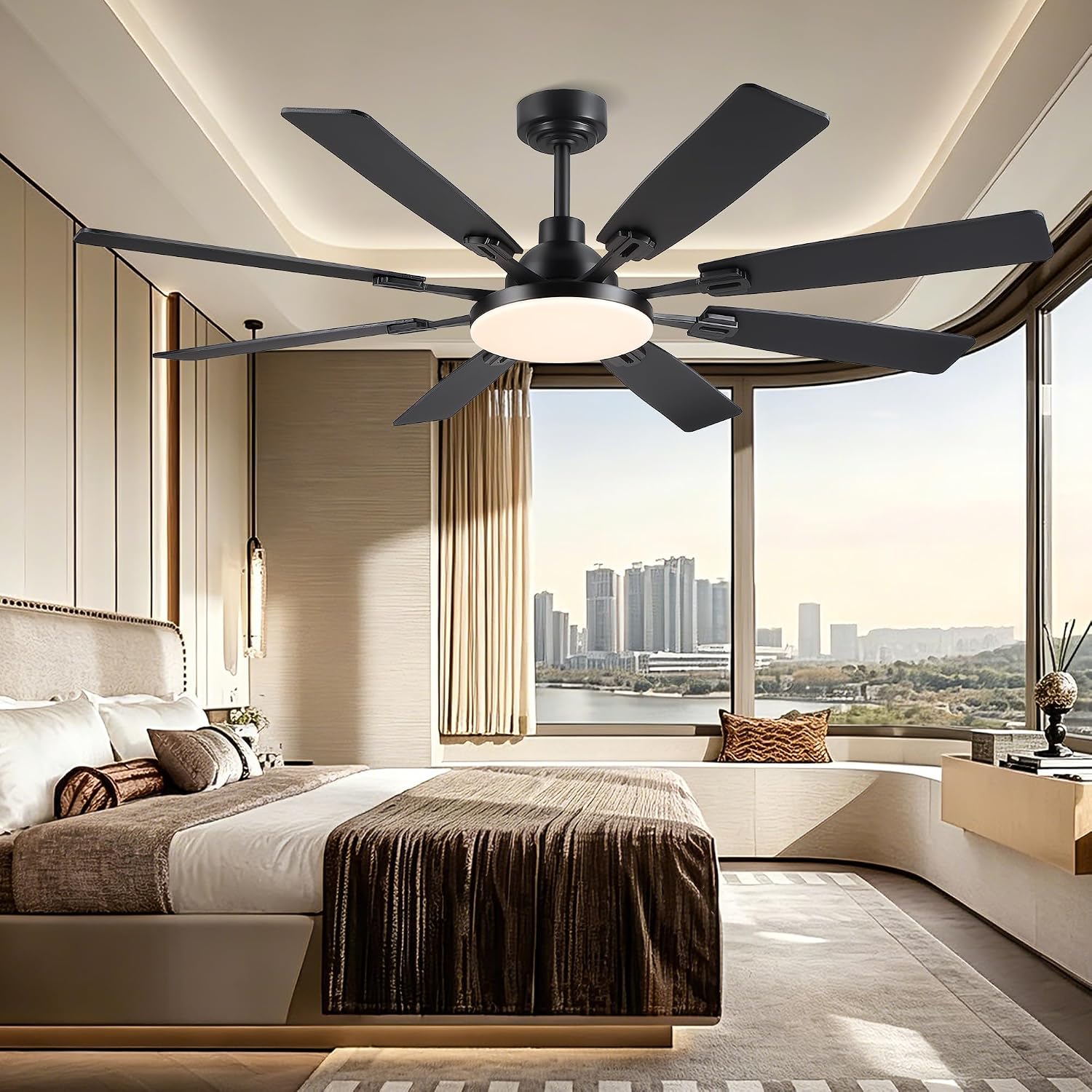JSAITEE 60In Ceiling Fans with Lights - Black Low Profile Fan Light with 8 Blades, 6 Wind Speeds Reversible, Dimmable, Modern Light Fixture for Indoor Living Room, Kitchen, Coverd Patios