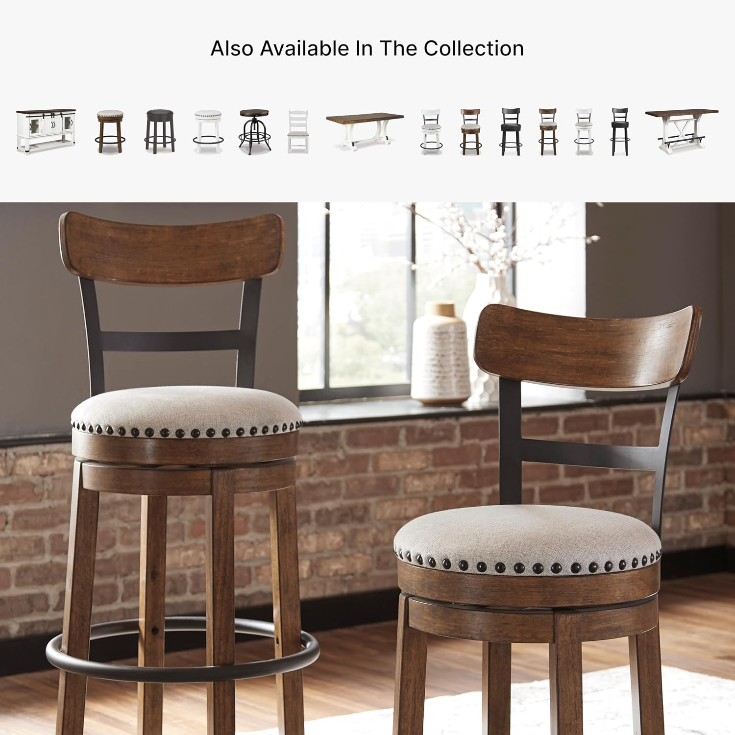 Signature Design by Ashley Valebeck Bar Stool, Rustic Industrial Swivel Barstool With Cushioned Upholstery, Wood & Metal Construction, Kitchen Island Seating, Counter Height, Black