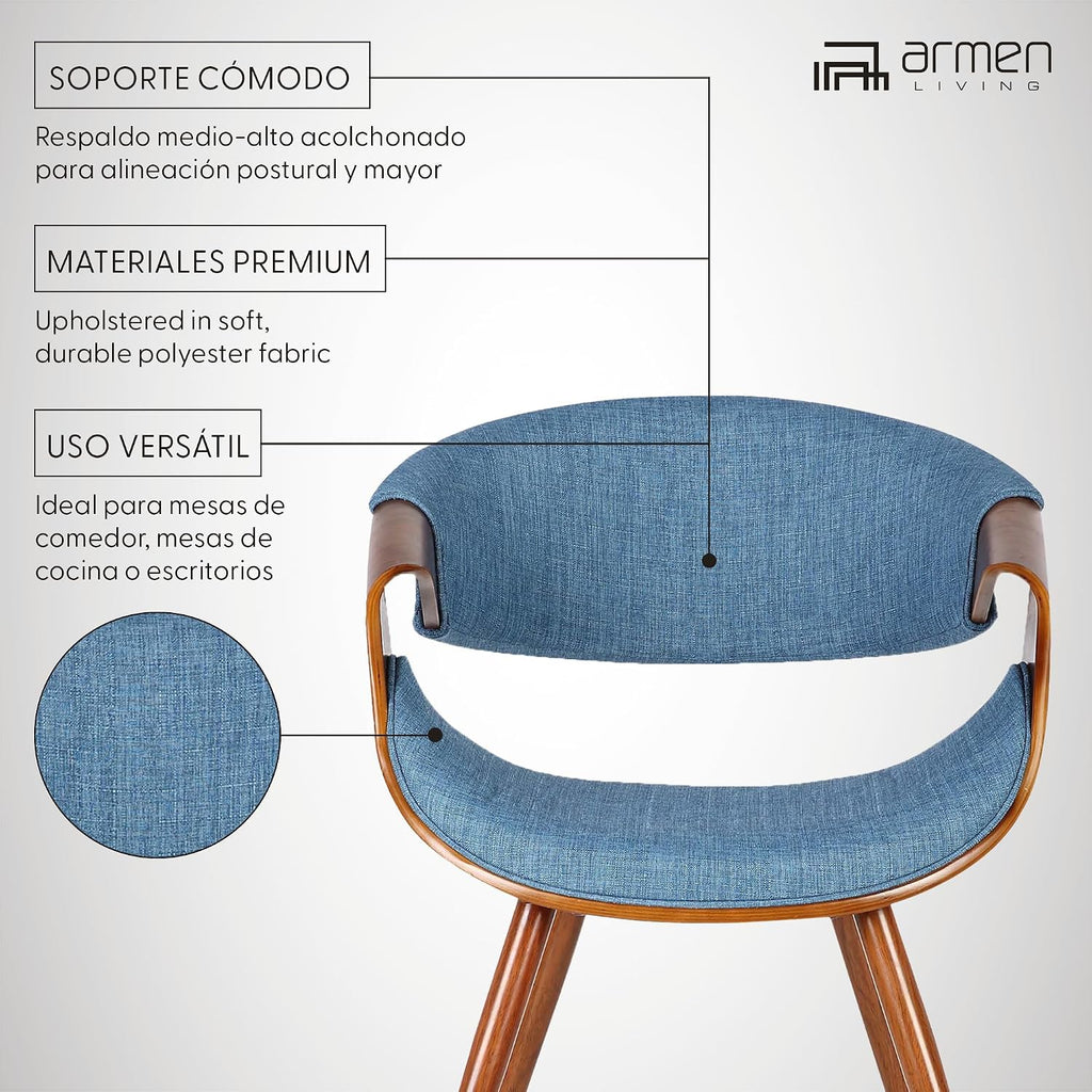Armen Living Butterfly Mid-Century Dining Chair in Walnut Finish and Blue Fabric - Set of 2