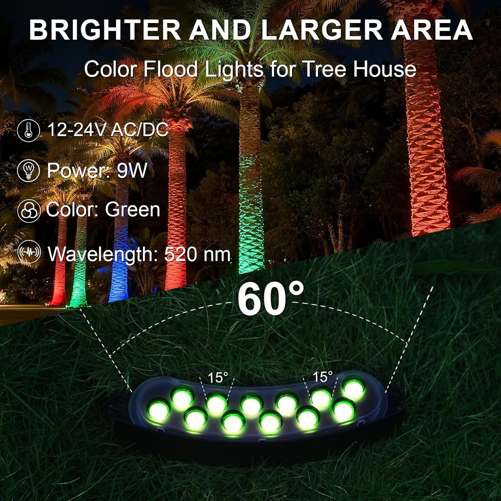 Green Color Flood Lights Low Voltage, 9W 12V LED Hard Wired Landscape Flood Wall Washer Lights Outdoor Waterproof for Uplighting Tree House, Super Bright, Aluminum, Black, 6Pack