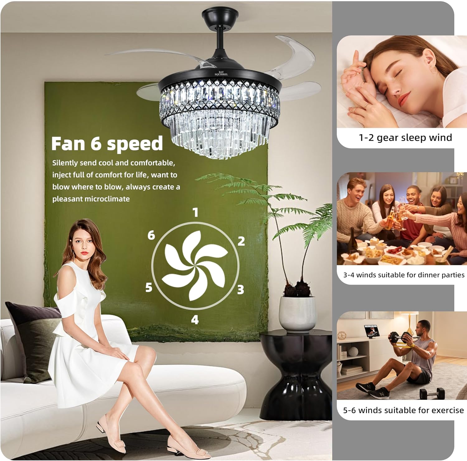 BAYSQUIRREL Retractable Crystal Ceiling Fan with Lights, Bluetooth Ceiling Fan with Speaker, 6-Speed Reversible Blades, RGB-LED Light, Low Profile Modern Fandelier Fan for Bedroom Living Room 42'