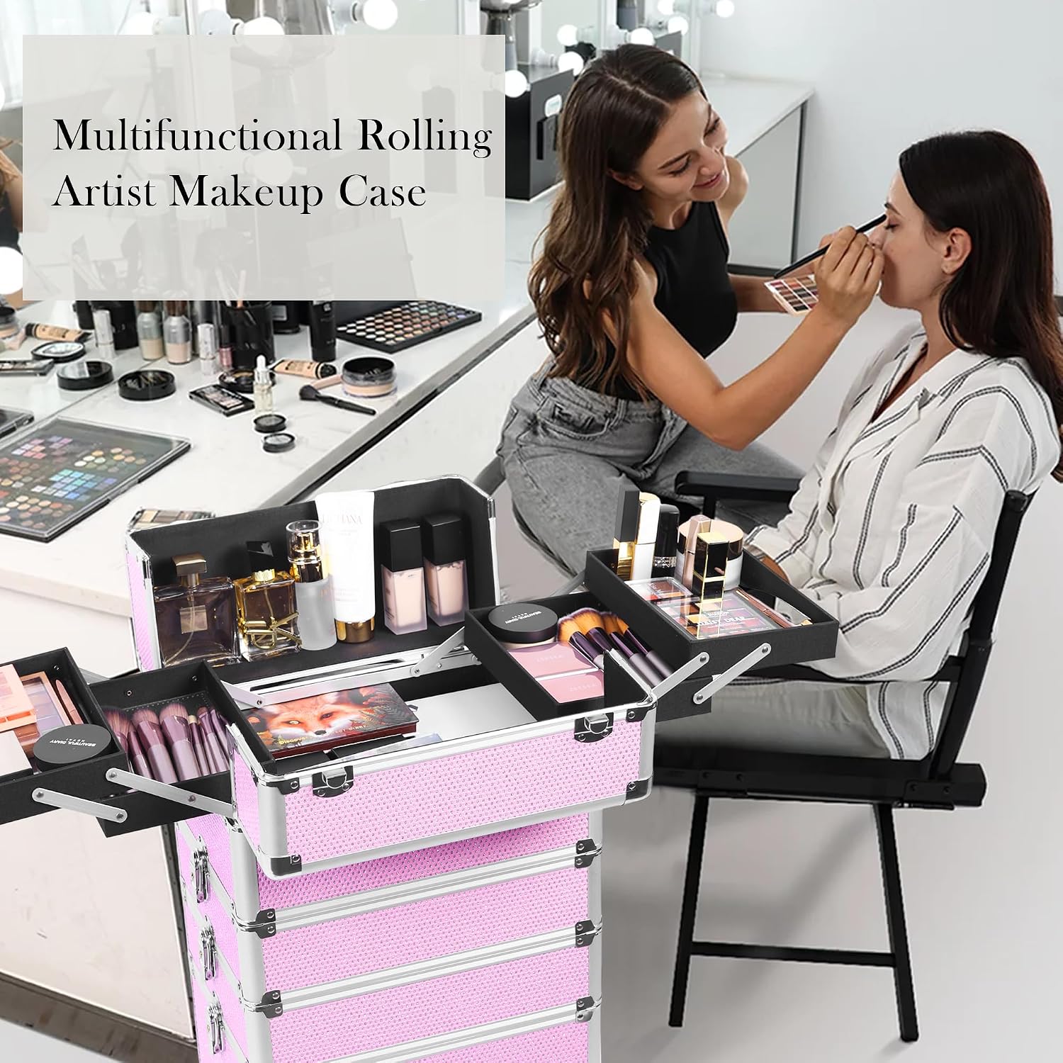 Professional Rolling Makeup Case with Wheels, 5-in-1 Makeup Train Case, Cosmetic Makeup Trolley Cart Travel Cosmetology Case On Wheels with Key for Hairstylists, Nail Tech (Pink Crystal)