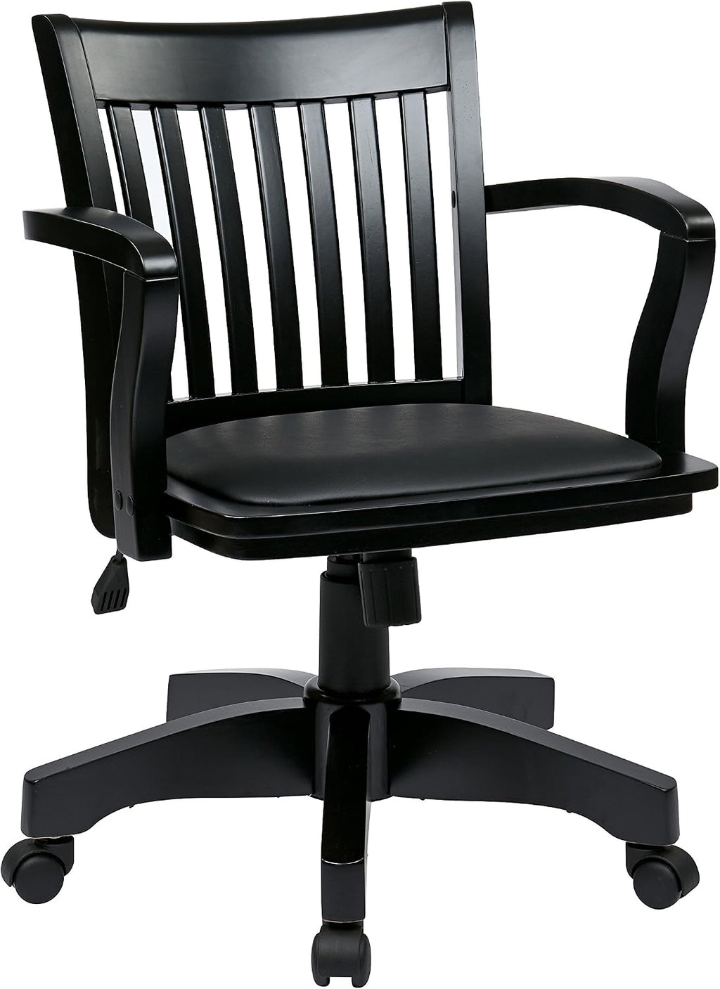 OSP Home Furnishings Deluxe Wood Banker's Desk Chair with Padded Seat, Adjustable Height and Locking Tilt, Black Finish and Black Vinyl