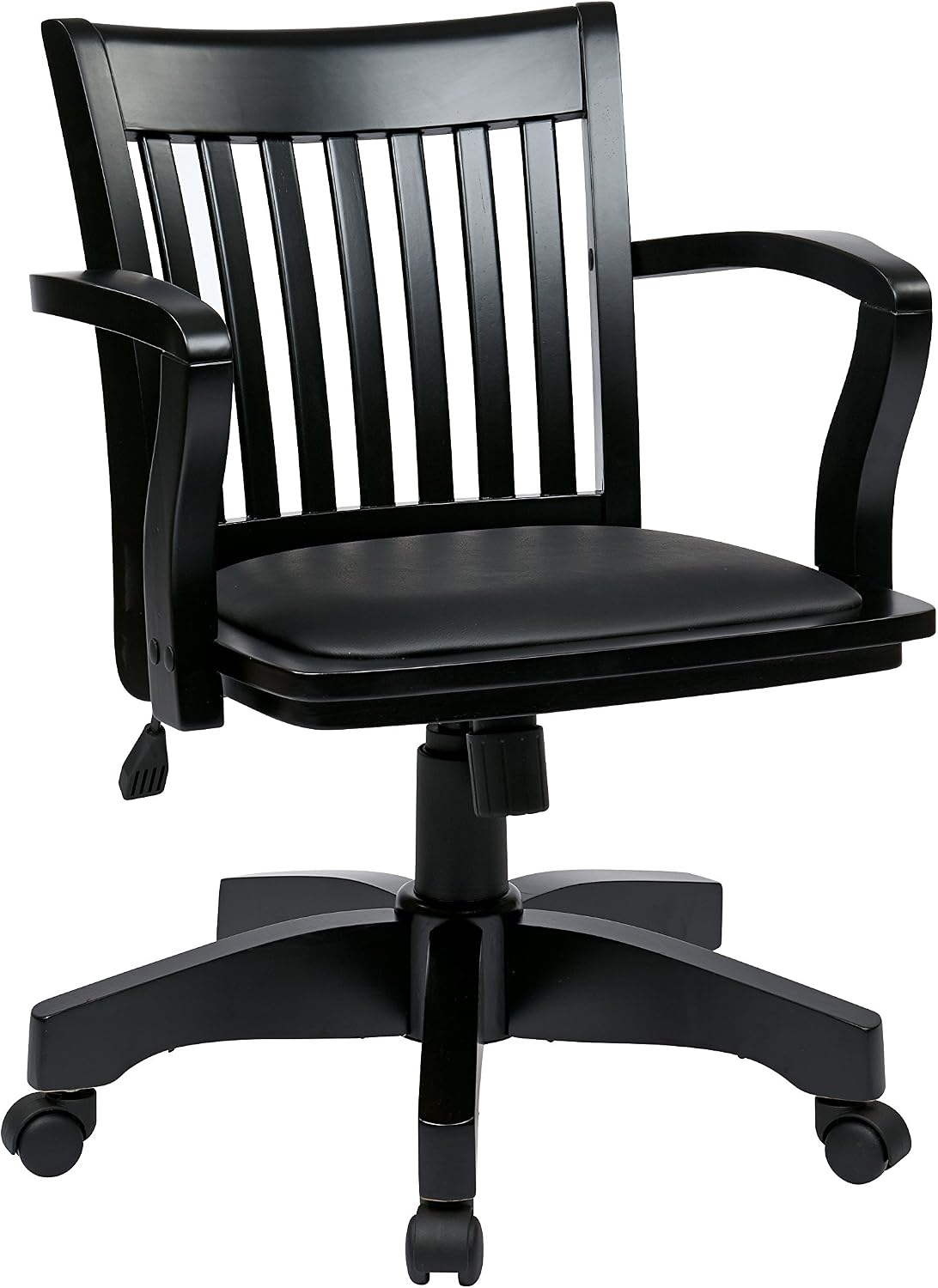 OSP Home Furnishings Deluxe Wood Banker's Desk Chair with Padded Seat, Adjustable Height and Locking Tilt, Black Finish and Black Vinyl