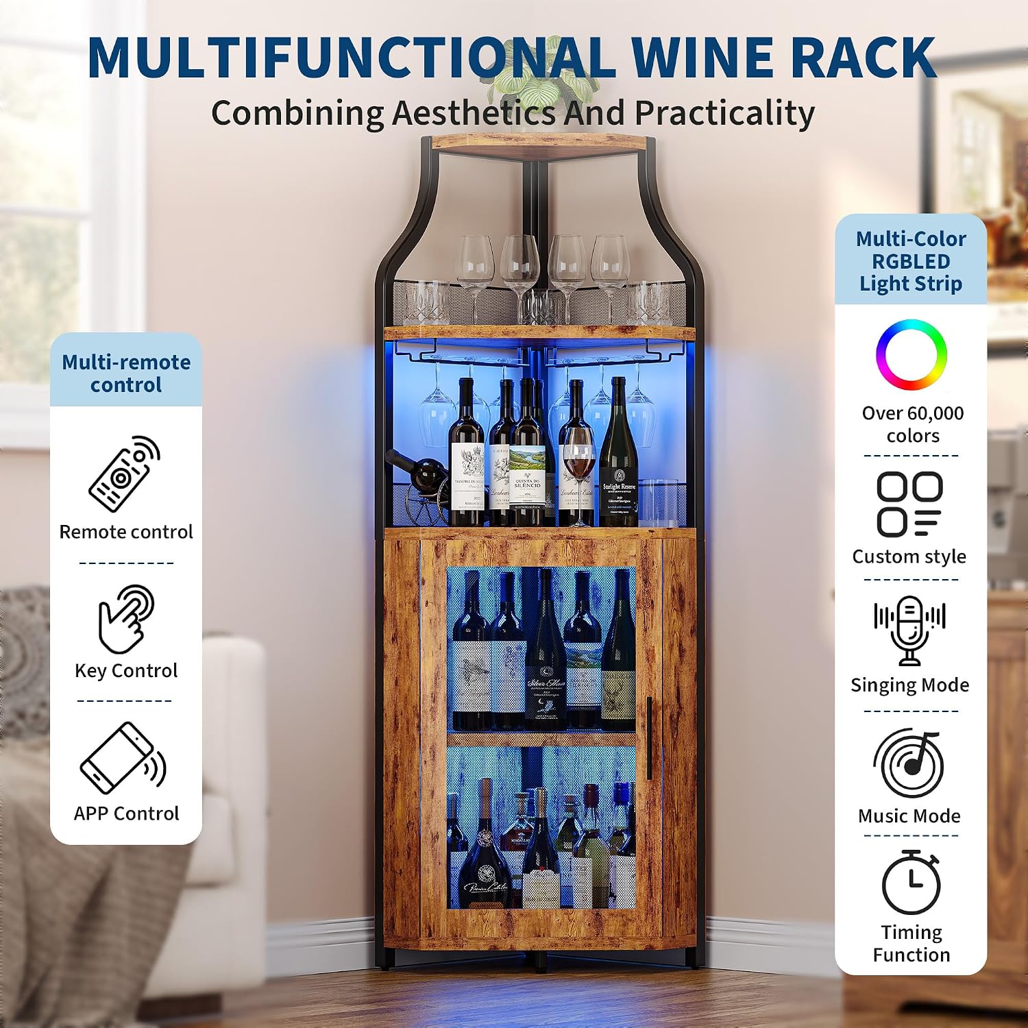 GarveeHome Corner Bar Wine Cabinet with LED Lights, 5-Tier Industrial Wine Cabinet with Glass Holder, Modern Liquor Cabinet with Adjustable Shelf, Home Bar Cabinet with Mesh Door, Rustic Brown