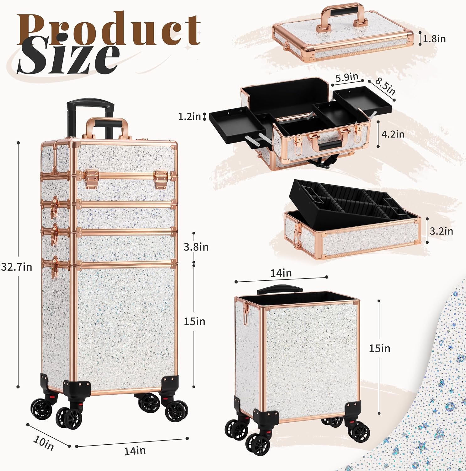 AROUS Rolling Makeup Train Case 5 in 1 Cosmetology Case on Wheels Large Cosmetic Organizer Travel Cart for Hairstylist Artist Nail Beauty Salon Barber,White