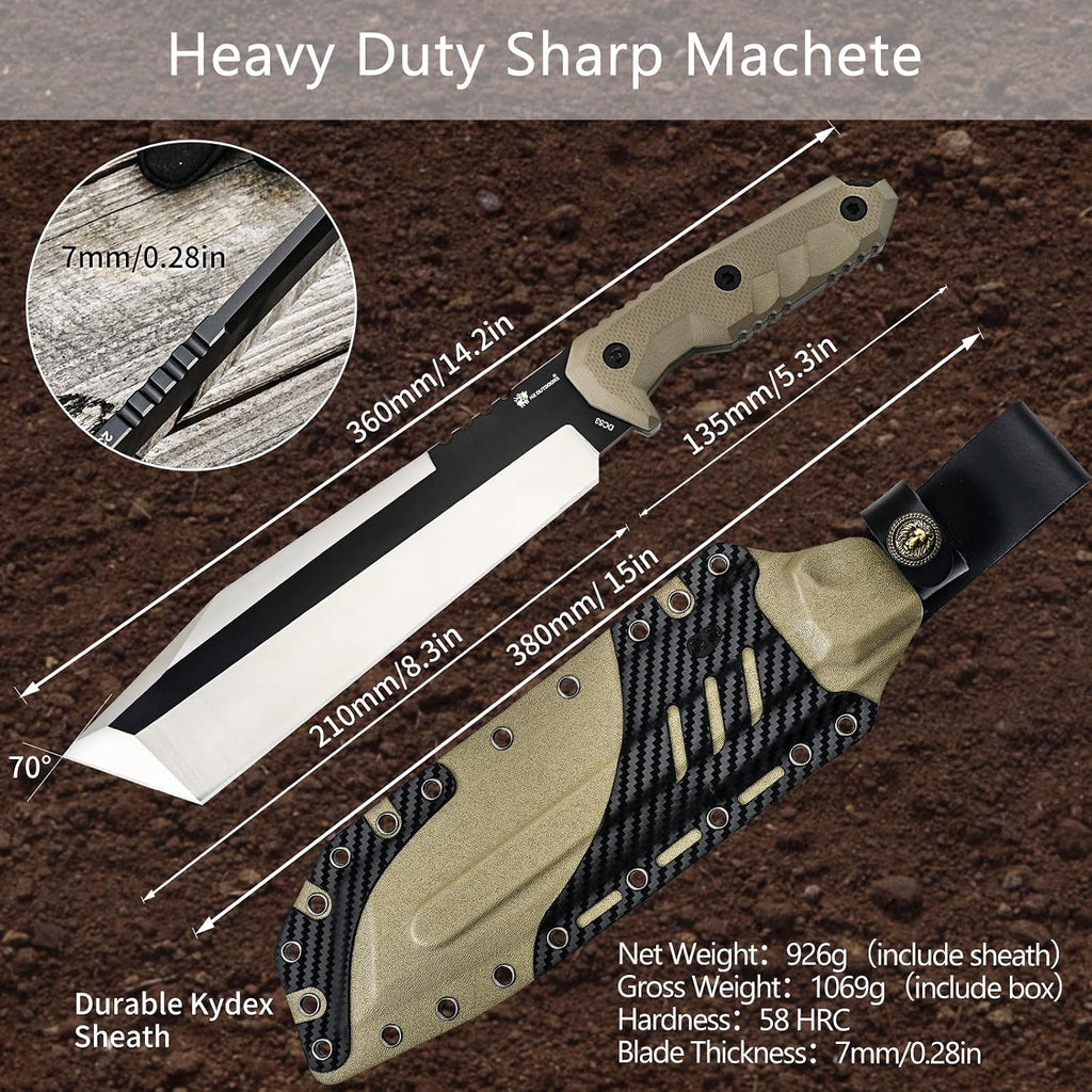 HX OUTDOORS 14 Inch Machete Knife, Premium DC53 Steel Fixed Blade Knife, Kukri Gardening Machete with Kydex Sheath for Yard Work, Cutting Trees, Clearing Brush