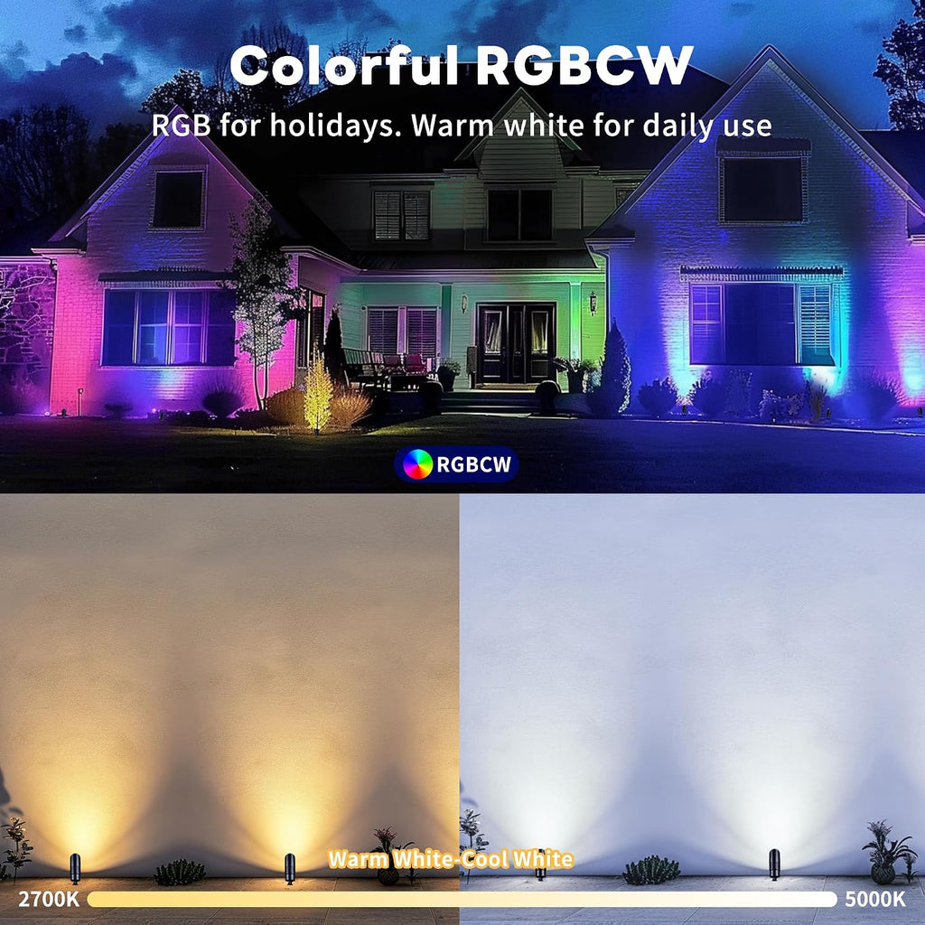 Smart Landscape Spotlight Outdoor - Multicolor LED Low Voltage Spot Lights with App, 12V Wired Uplights IP65 Waterproof, 5W 250LM Aluminum Black for Garden Patio Wall 6 Pack