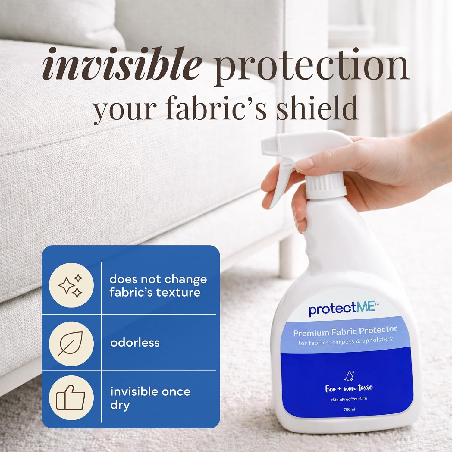 protectME Fabric Protector and Stain Resistant Spray - Upholstery Fabric Spray for Stain Guard for Carpet, Shoes, Couch, Sofa - Non Toxic Water Based Furniture Protector - 84.5 Fl. Oz. +Sprayer