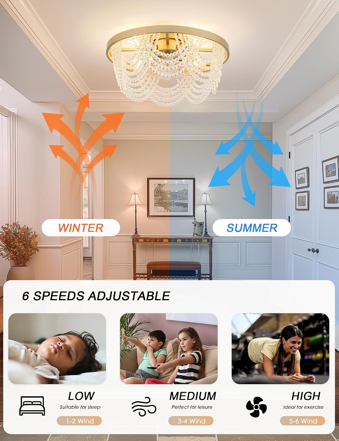 Dawn Whisper 20 Inch Gold Fandelier Ceiling Fans with Lights Flush Mount Low Profile Crystal Chandelier Fans for Bedroom Kids Room