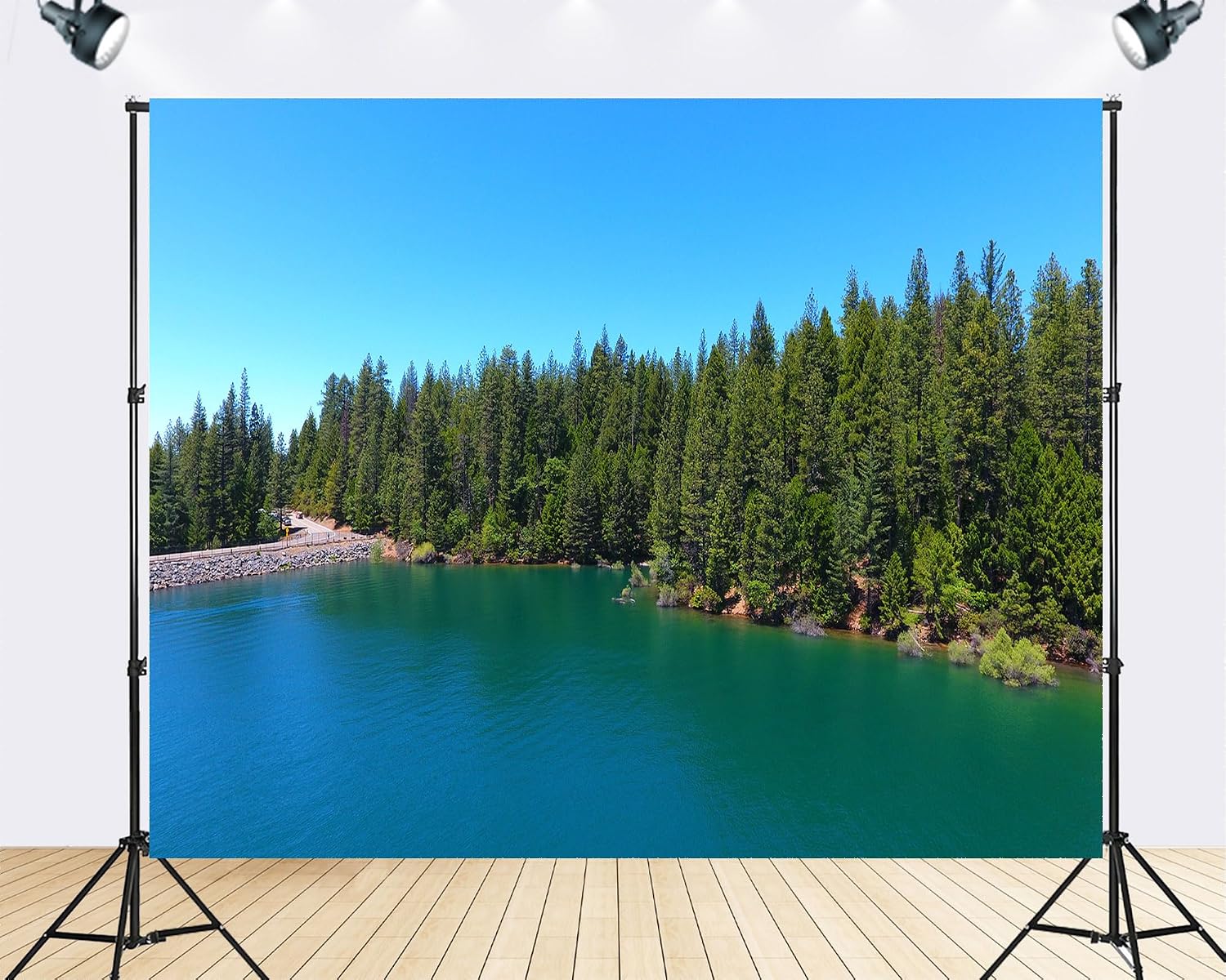 Trykid 20x10ft Emerald Lake Forest Backdrop Turquoise Water Pine Tree Forest Clear Blue Sky Photography Background Outdoor Adventure Party Decoration Photo Booth Prop Fabric